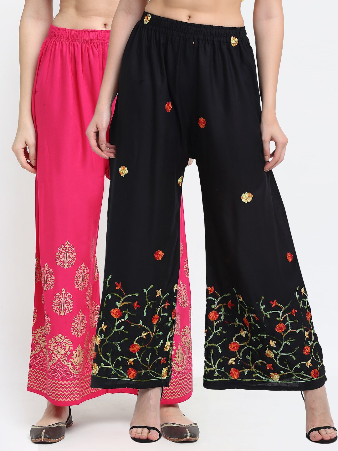 TAG 7 Women Pack of 2 Black & Pink Embroidered Flared Palazzos Price in India