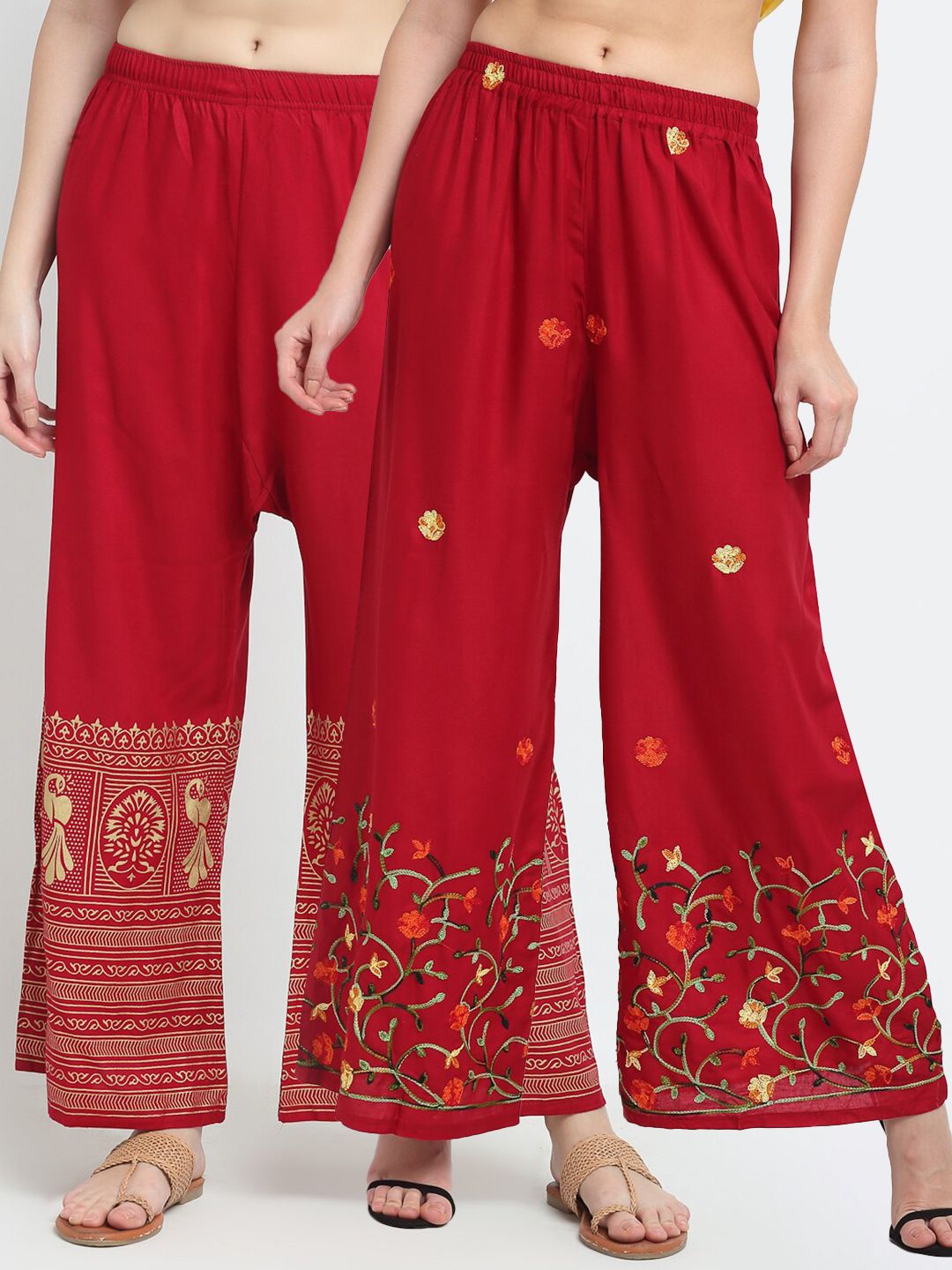 TAG 7 Women Pack of 2 Maroon & Green Embroidered Wide Leg Palazzos Price in India