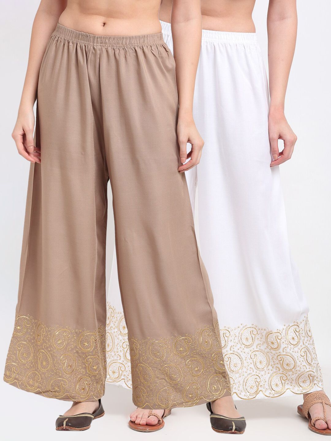 TAG 7 Women Pack Of 2 Tan & White Paisley Printed Wide Leg Palazzos Price in India