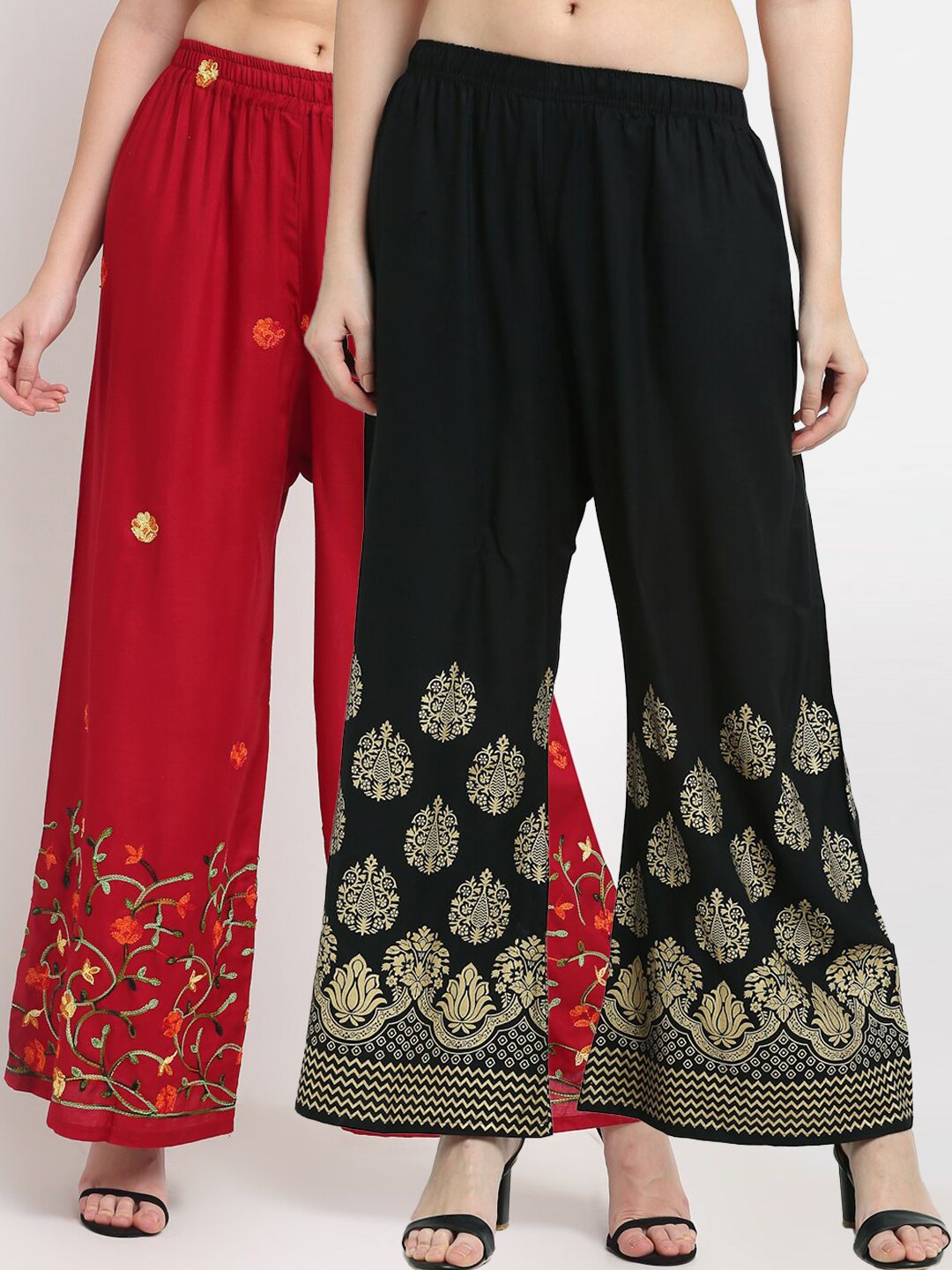 TAG 7 Women Pack of 2 Maroon & Multicoloured Embroidered Wide Leg Palazzos Price in India