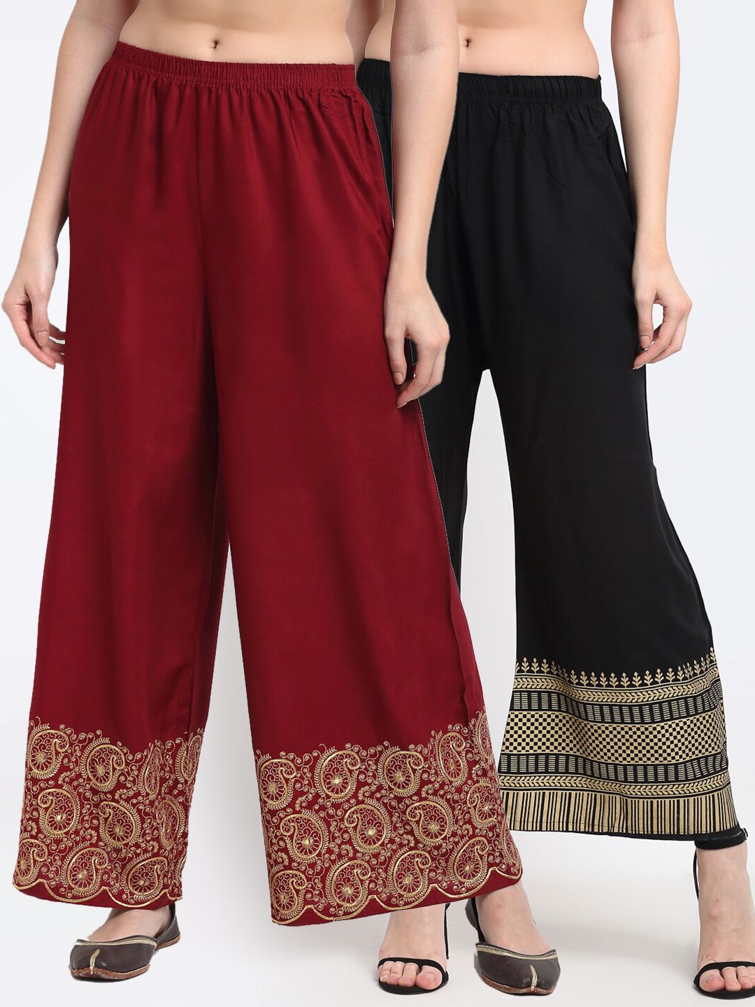 TAG 7 Women Pack of 2 Maroon & Black Embroidered Wide Leg Palazzos