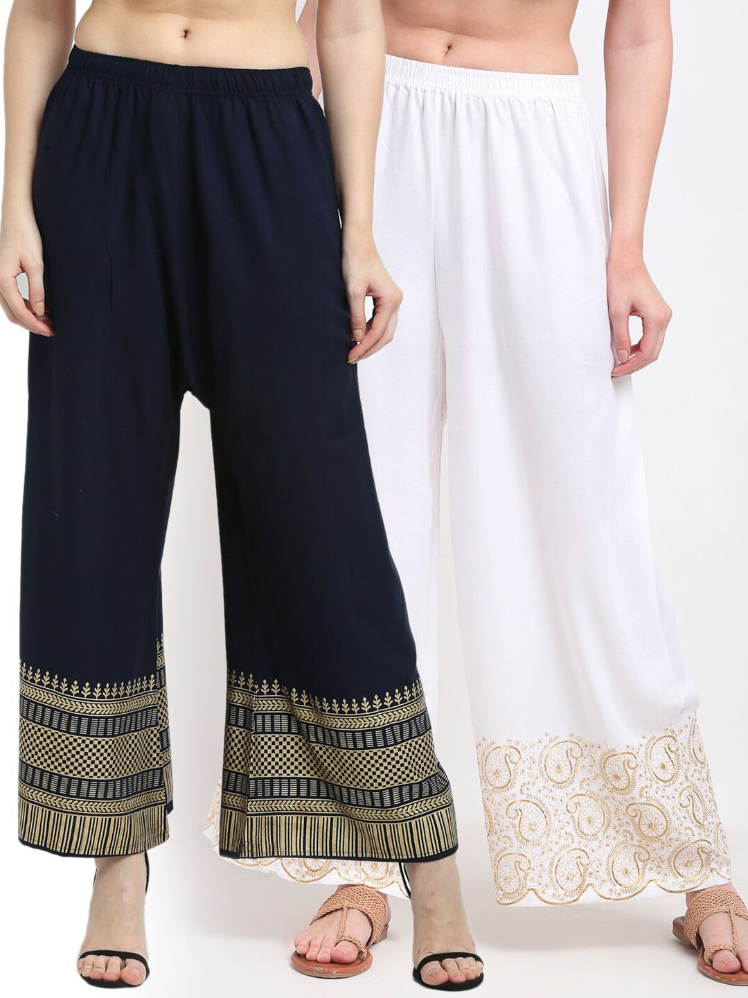 TAG 7 Women Pack Of 2 Navy Blue & White Ethnic Motifs Printed Wide Leg Palazzos Price in India