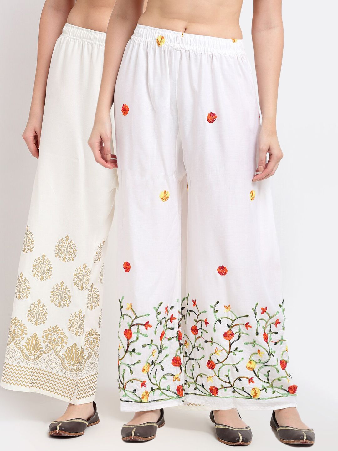 TAG 7 Women Pack of 2White & Red Embroidered Flared Palazzos Price in India