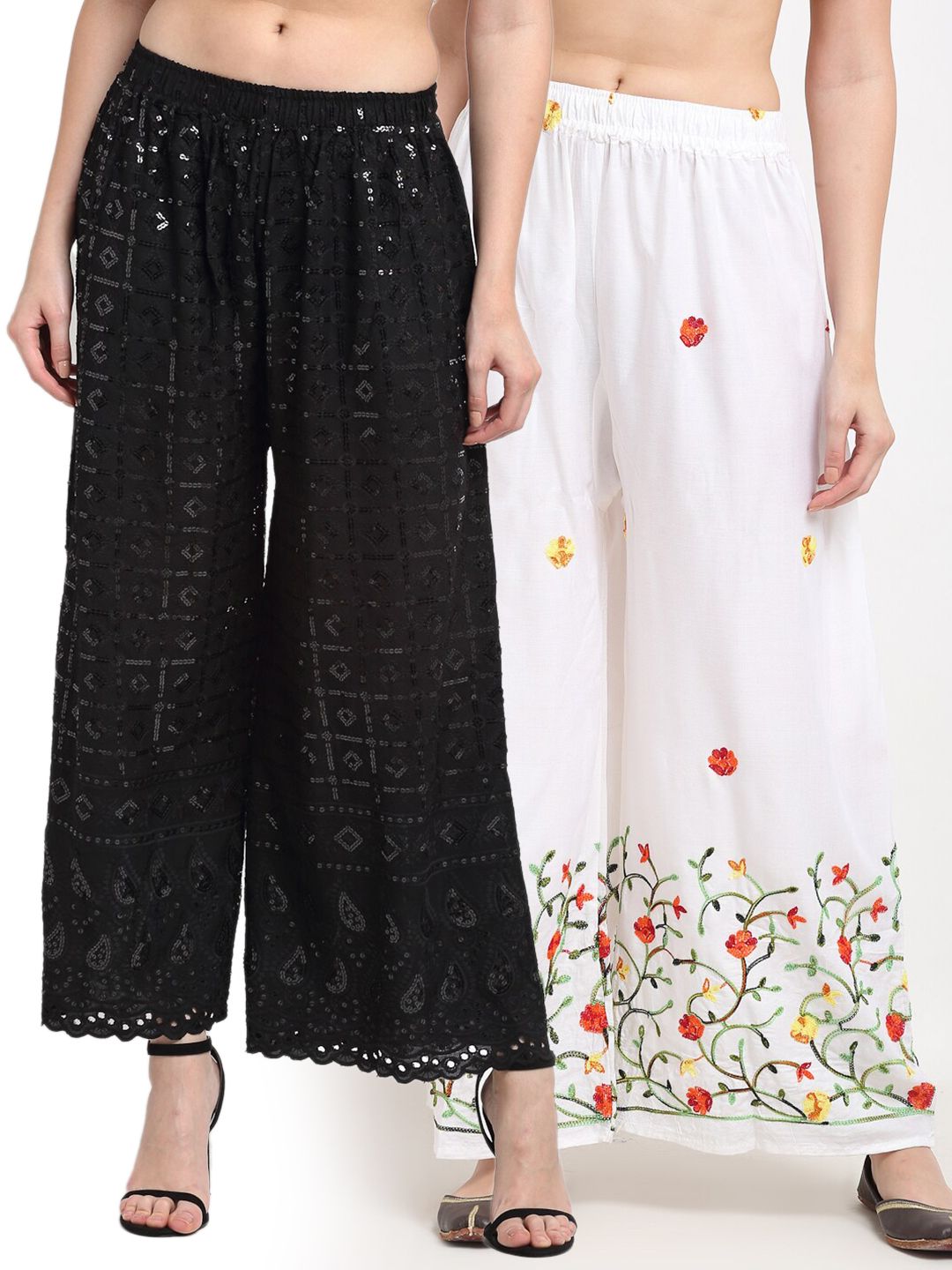 TAG 7 Women White & Black Pack of 2 Floral Embellished Flared Palazzos Price in India