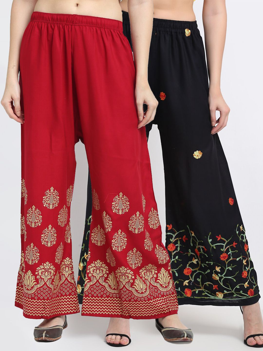 TAG 7 Women Black & Red Pack of 2 Floral Embroidered Flared Palazzos Price in India