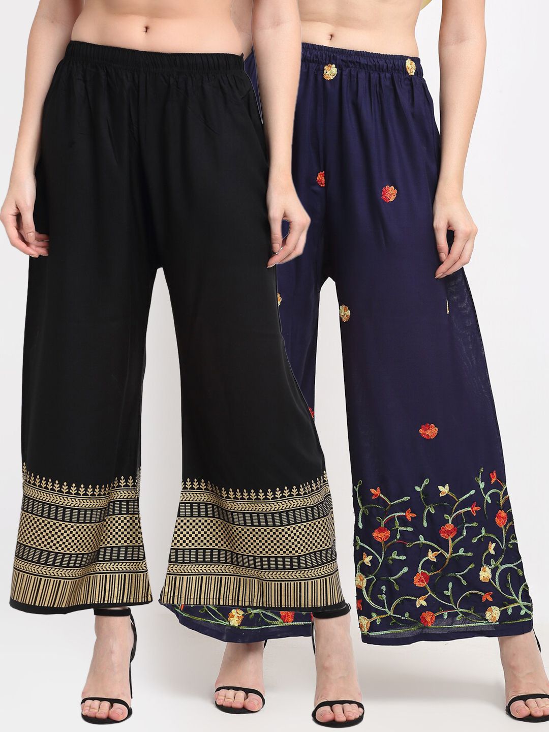 TAG 7 Women Pack Of 2 Navy Blue & Black Floral Printed Wide Leg Palazzos Price in India