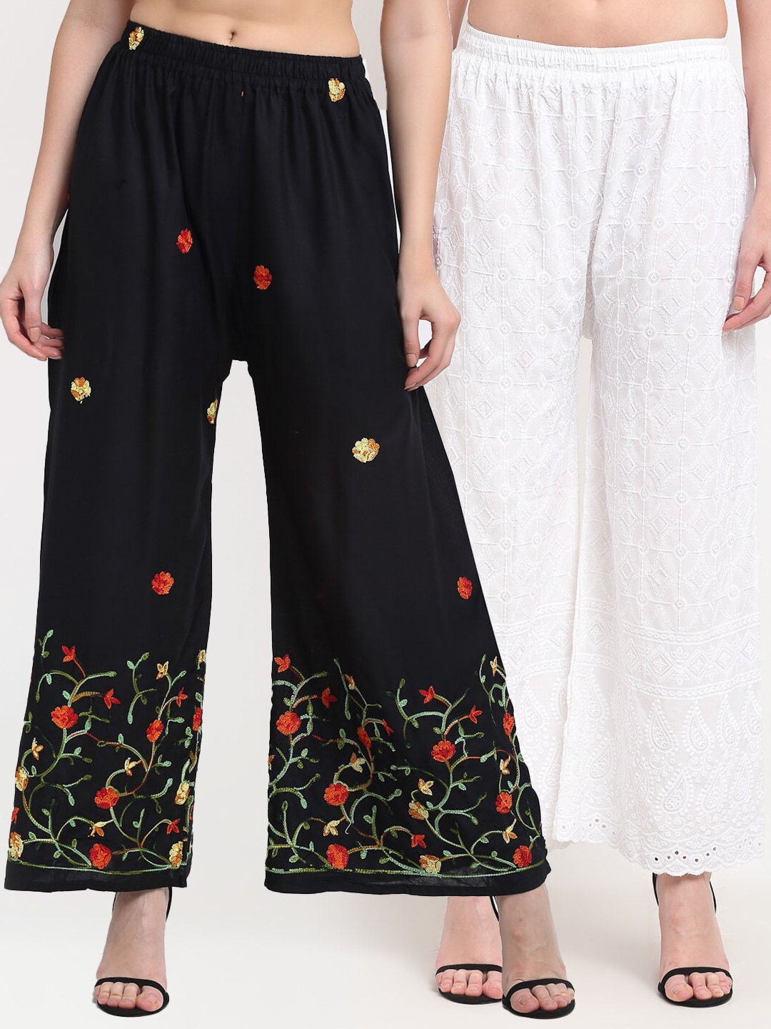 TAG 7 Women Pack of 2 Black & Off White Embroidered Flared Palazzos Price in India