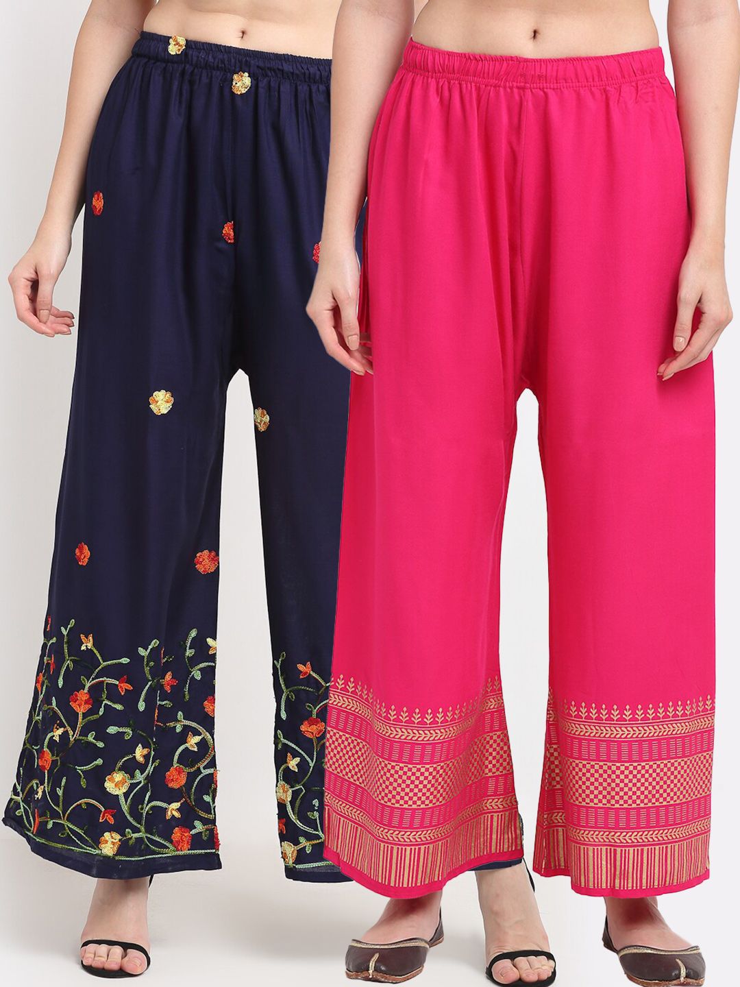 TAG 7 Women Pack Of 2 Navy Blue & Pink Floral Printed Wide Leg Palazzos Price in India