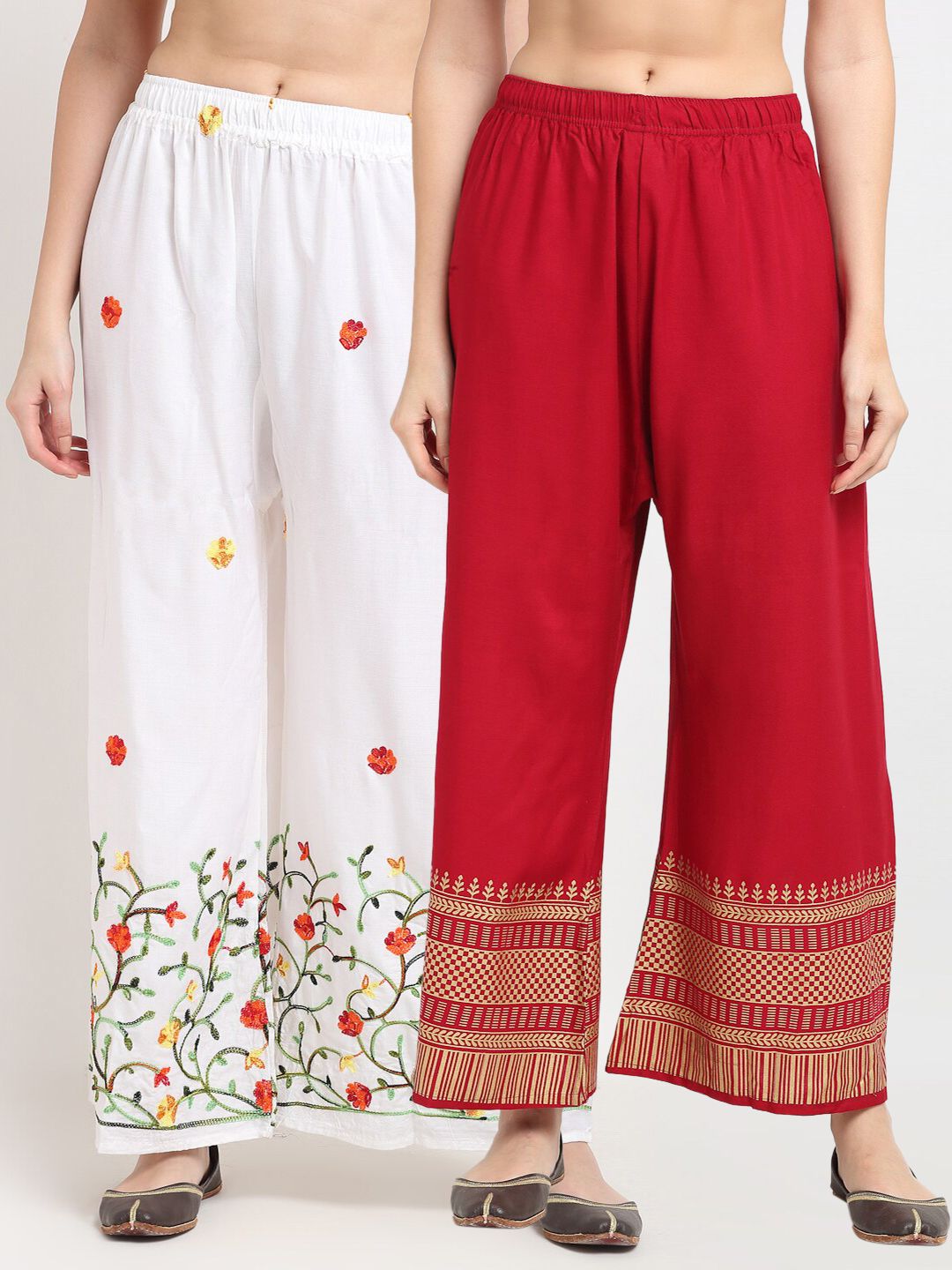 TAG 7 Women Pack of 2 White & Maroon Embroidered Flared Palazzos Price in India