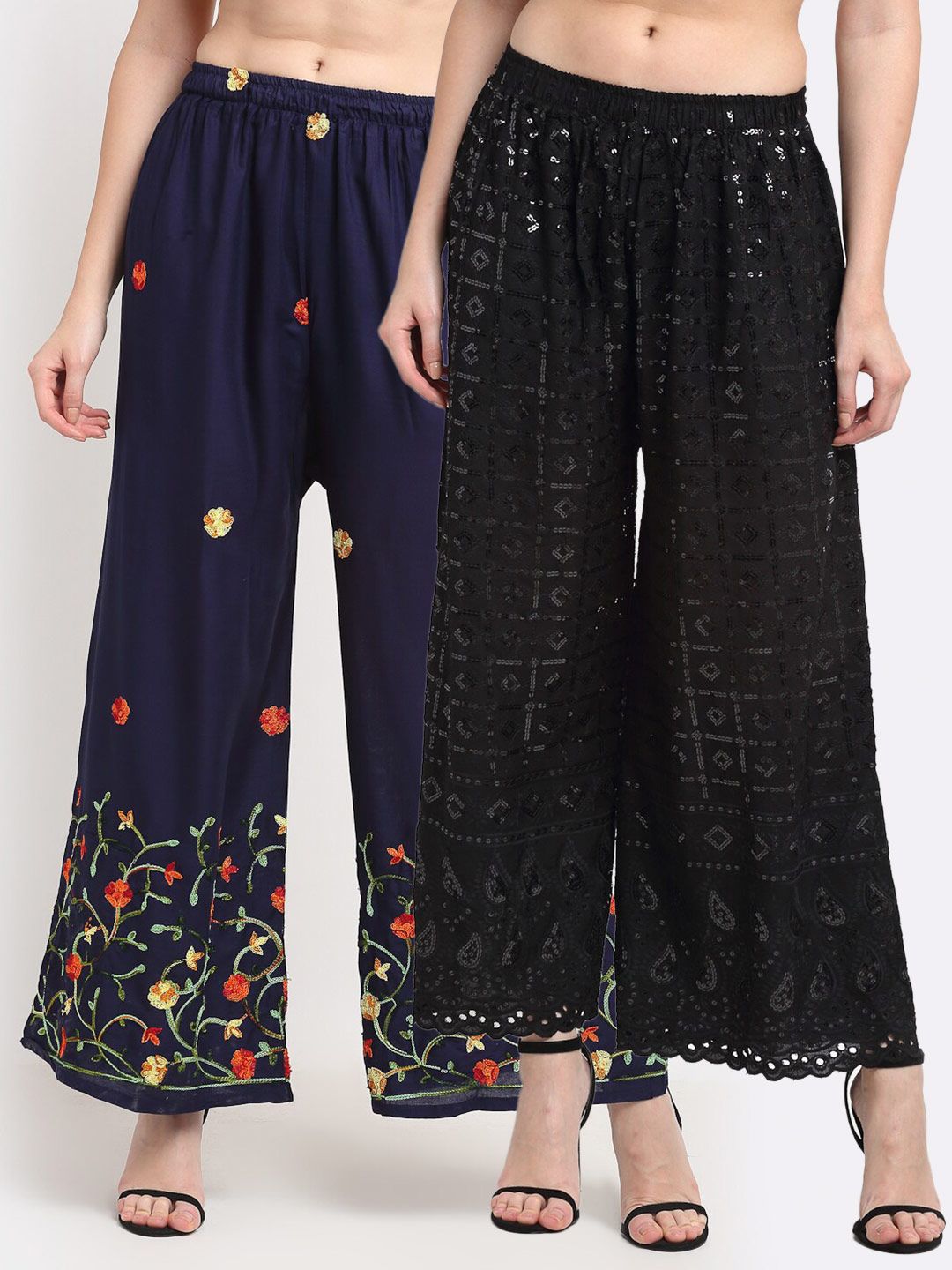 TAG 7 Women Pack of 2 Navy Blue & Black Embellished Flared Palazzos Price in India