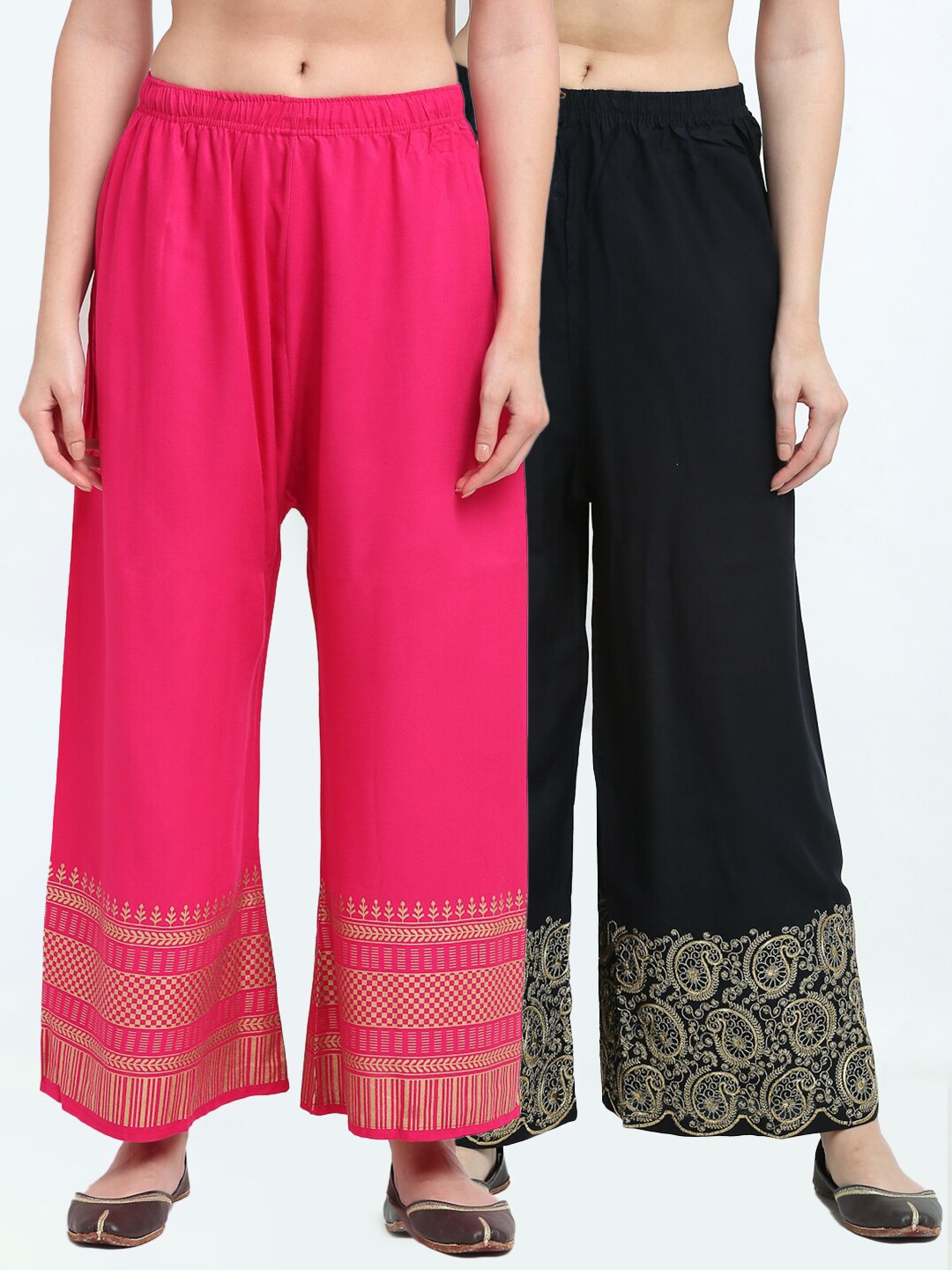 TAG 7 Women Pack of 2 Black & Pink Printed Wide Leg Palazzos Price in India