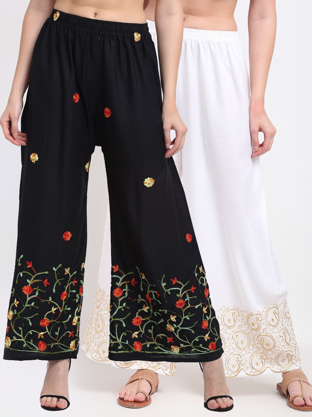 TAG 7 Women Black & White Pack of 2 Floral Embroidered Flared Palazzos Price in India