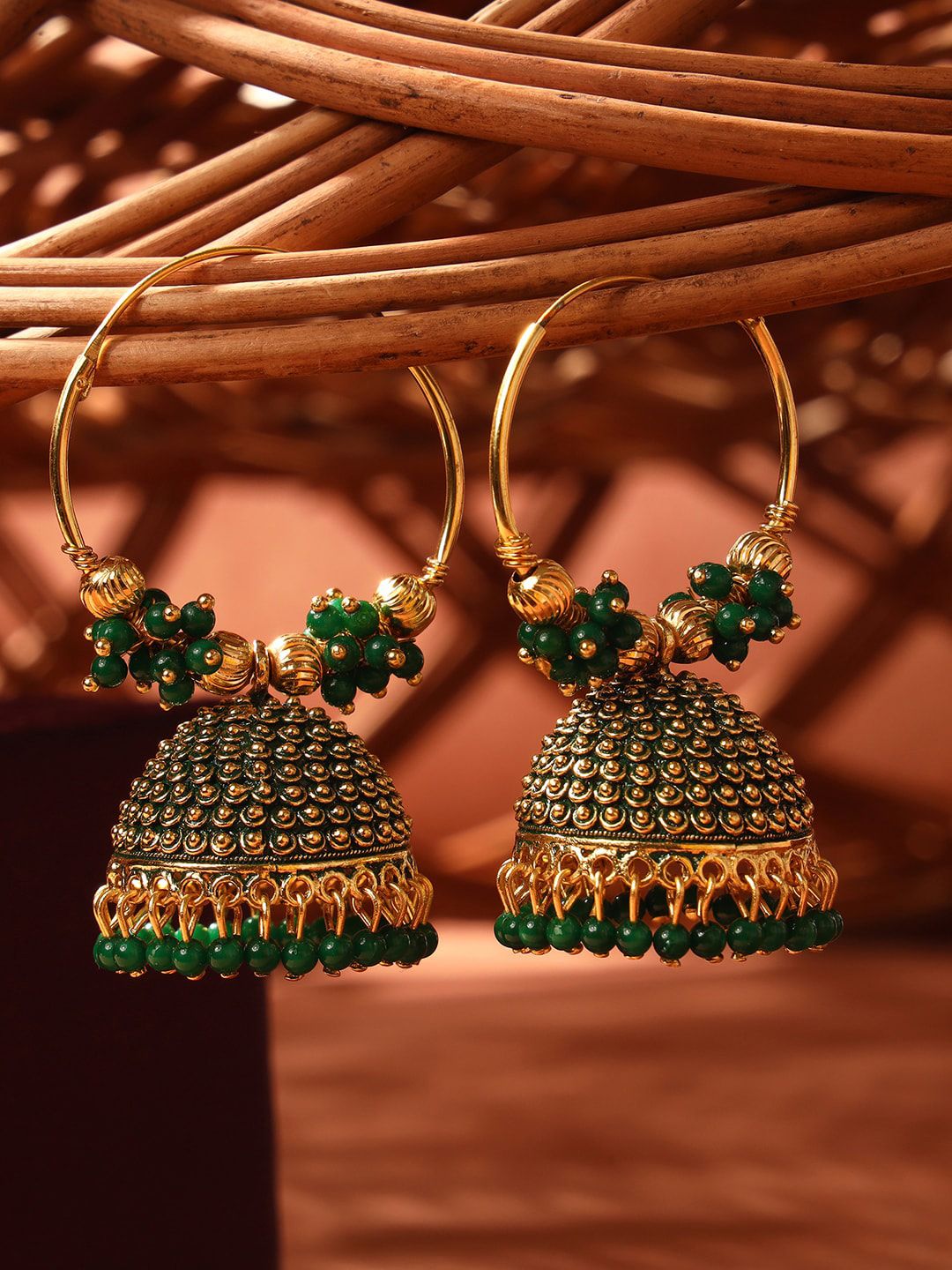 ANIKAS CREATION Green & Gold-Toned Contemporary Jhumkas Earrings Price in India