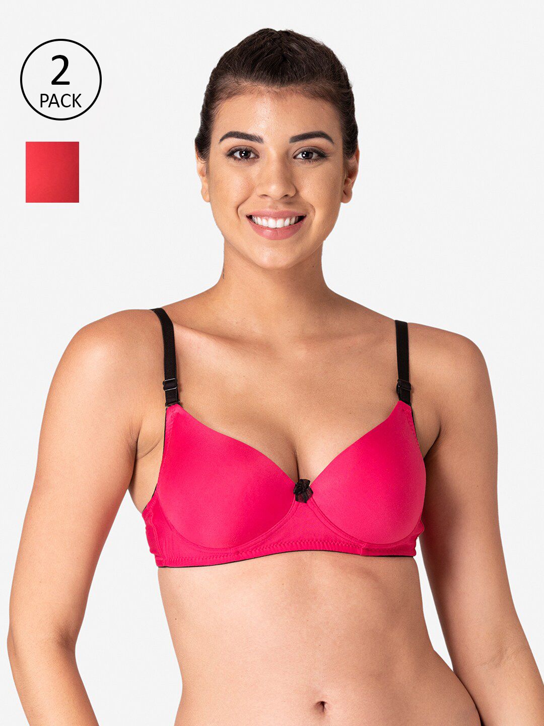 KOMLI Women Pack of 2 Pink & Red Solid Lightly Padded Bra Price in India