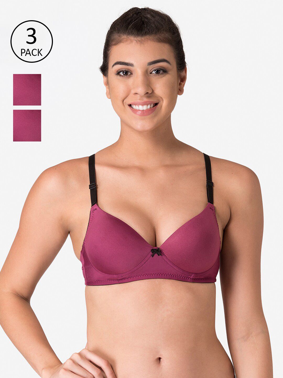 KOMLI Pack of 3 Magenta & Black Non Wired Full Coverage Bra Price in India