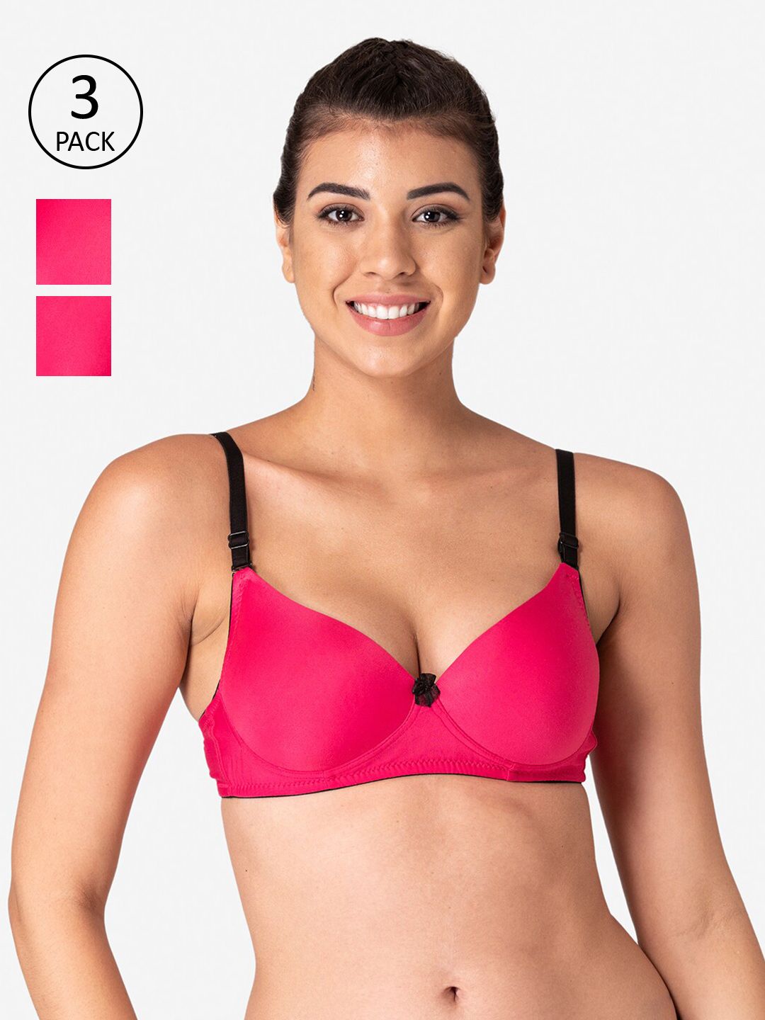 KOMLI Pack of 3 Pink & Black Solid Non Wired Full Coverage Workout Bra K-9811-3PC Price in India