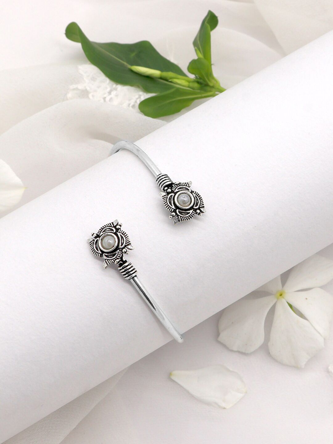 TEEJH Women Silver-Toned Oxidised Silver-Plated Cuff Bracelet Price in India