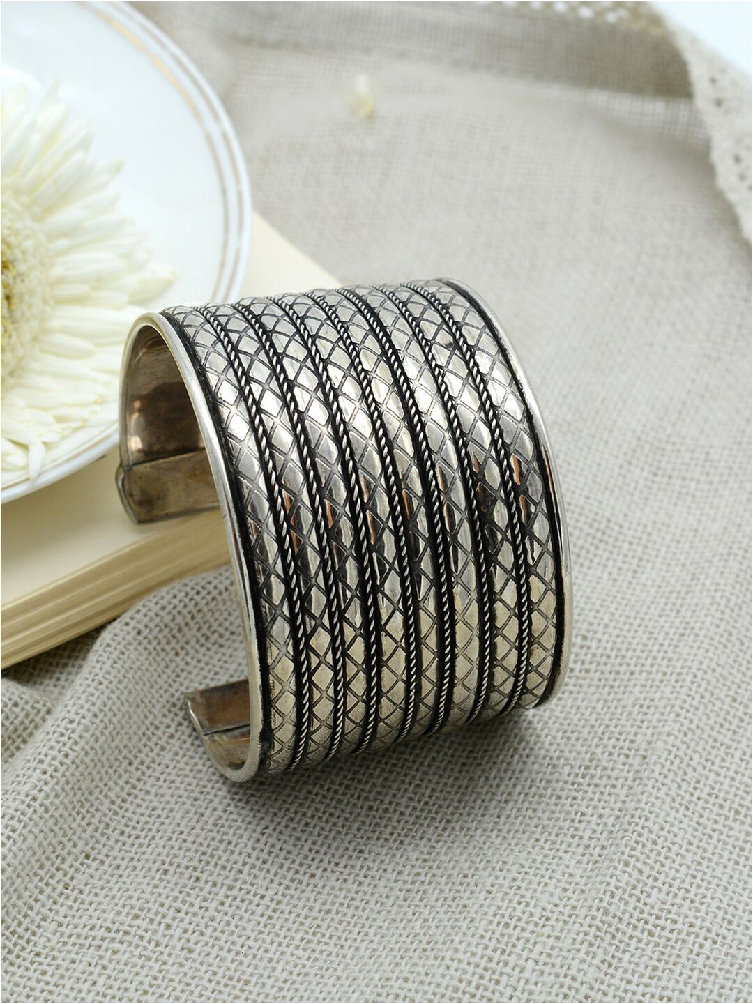 TEEJH Women Silver-Toned Oxidised Cuff Bracelet Price in India