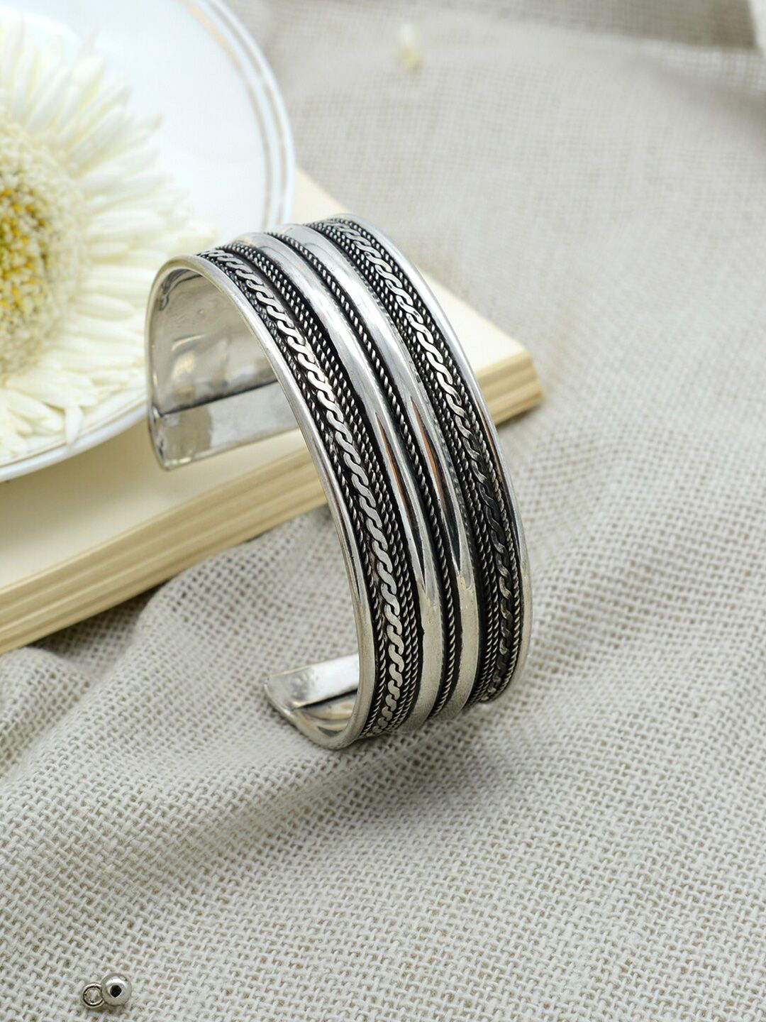TEEJH Women Silver-Toned & Black Alloy  Silver-Plated Oxidized Cuff Bracelet Price in India