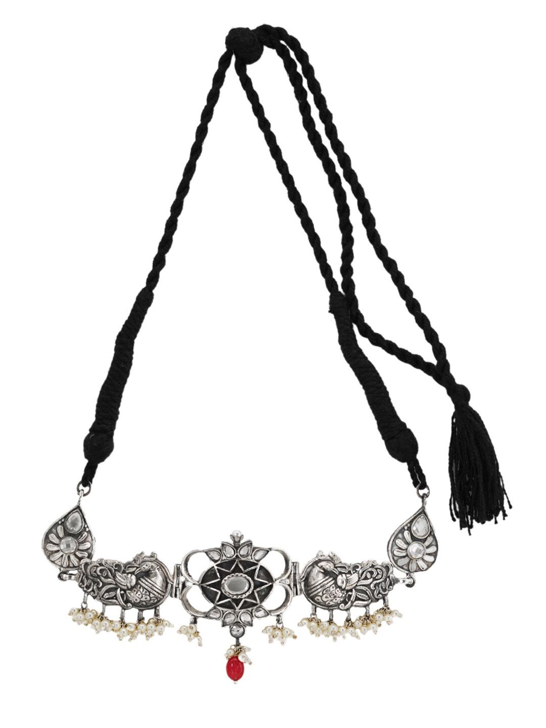 TEEJH Silver-Toned & Red Silver-Plated Oxidised Necklace Price in India