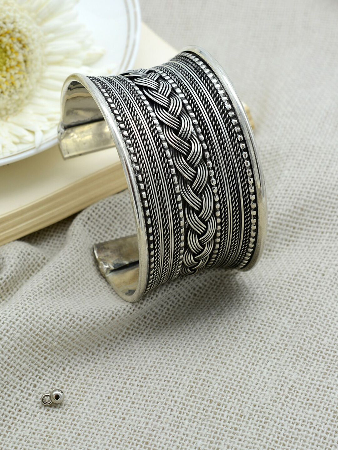 TEEJH Women Silver-Toned Oxidised Cuff Bracelet Price in India