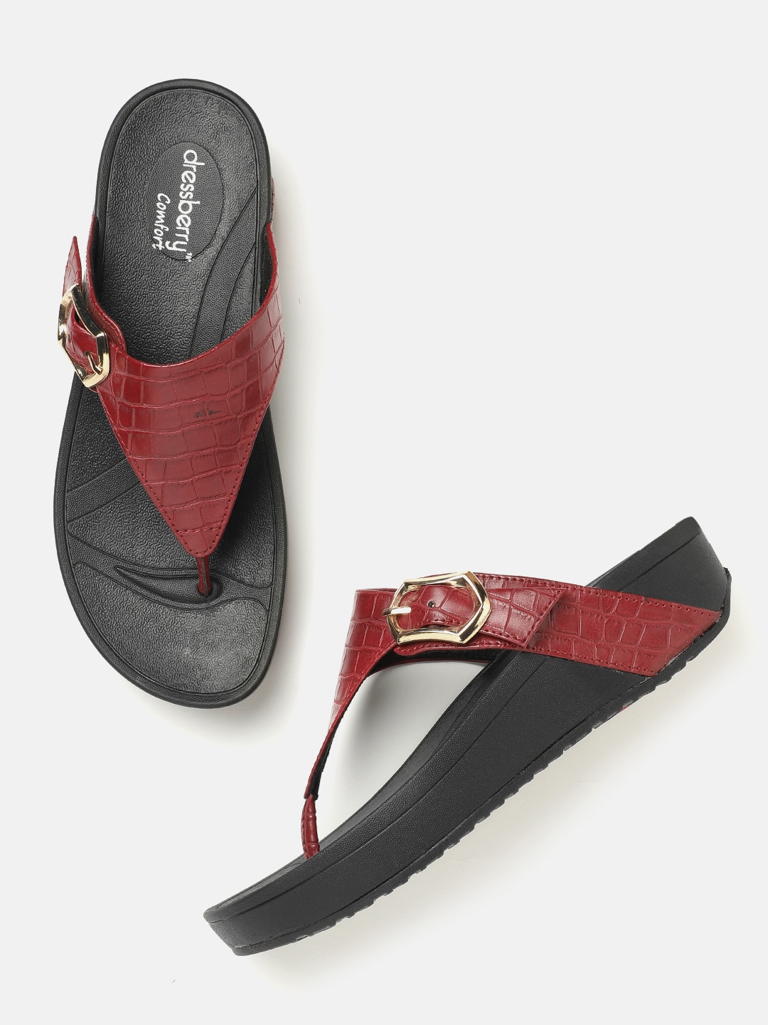 DressBerry Women Maroon Croc Textured Comfort Heels with Buckle Detail Price in India