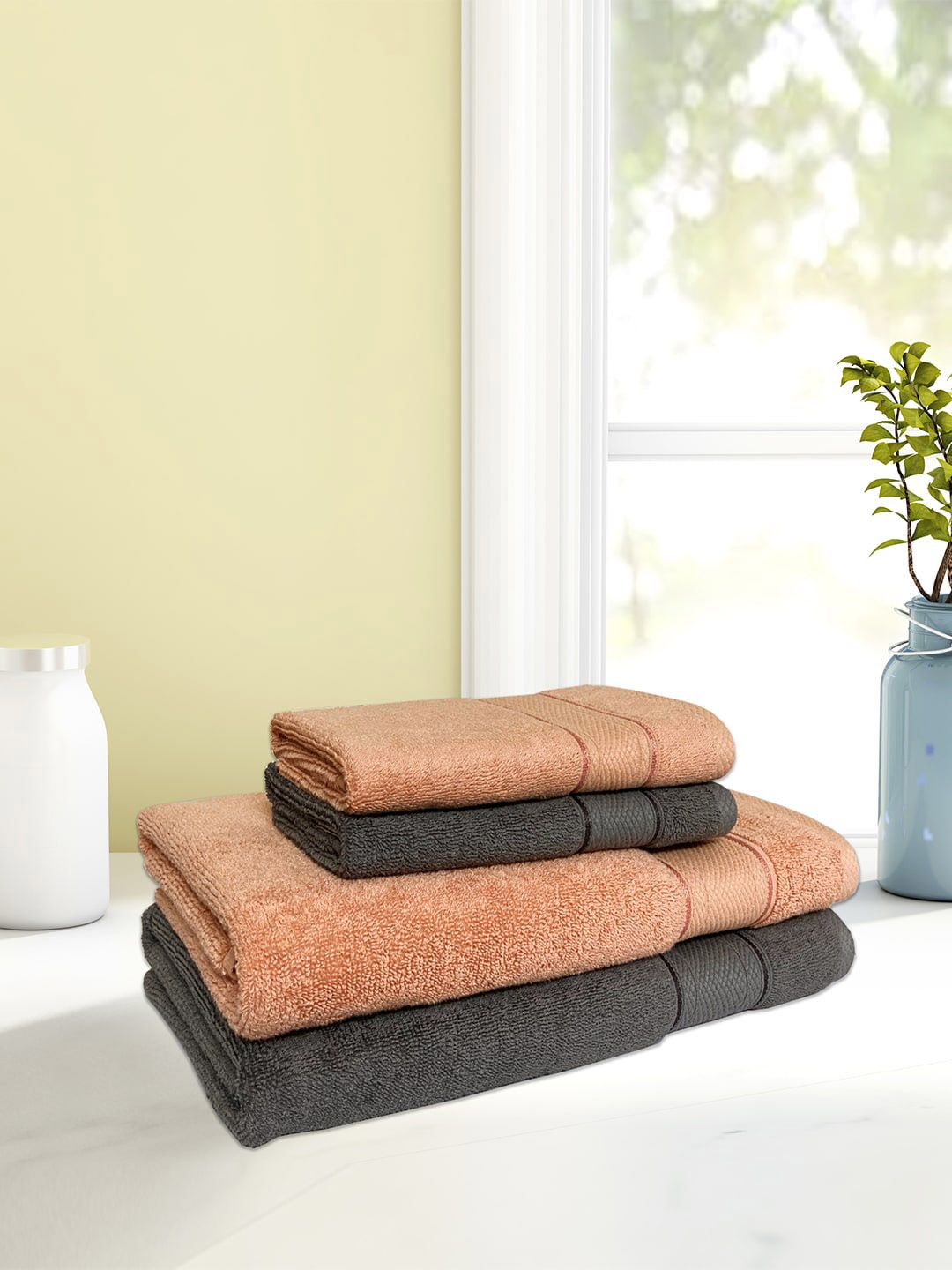SPACES Set Of 4 Brown & Grey Solid Pure Cotton Towel Set Price in India
