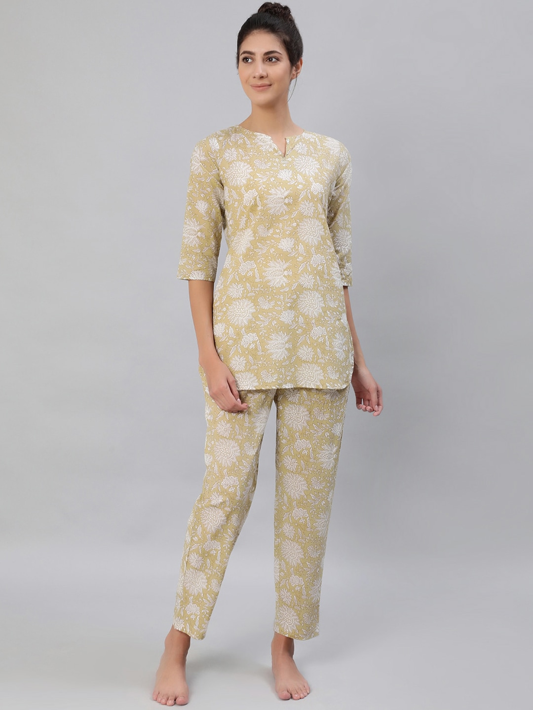 Nayo Women Mustard & White Printed Night suit Price in India