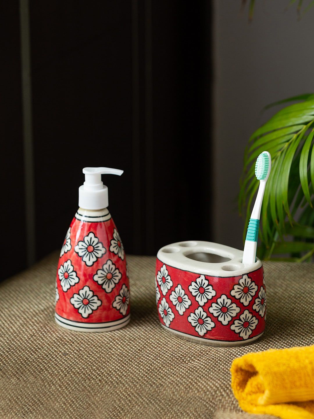 ExclusiveLane Set Of 2 Red Floral Printed Handcrafted Ceramic Bathroom Accessories Set