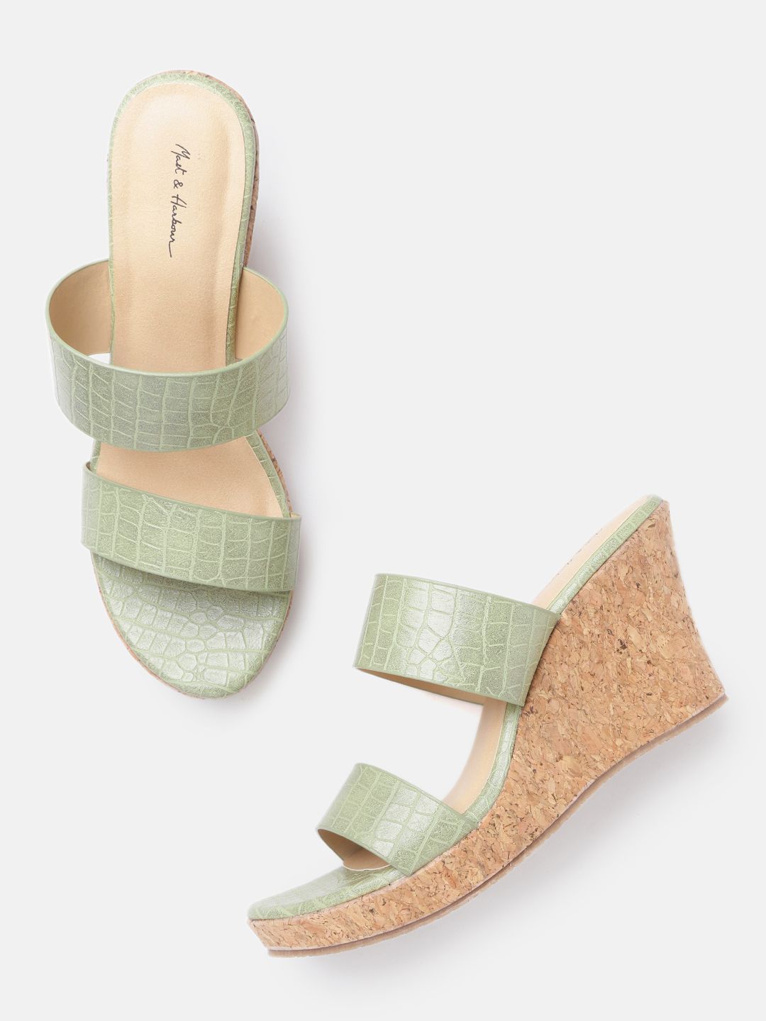 Mast & Harbour Olive Green Croc Textured Wedges Price in India