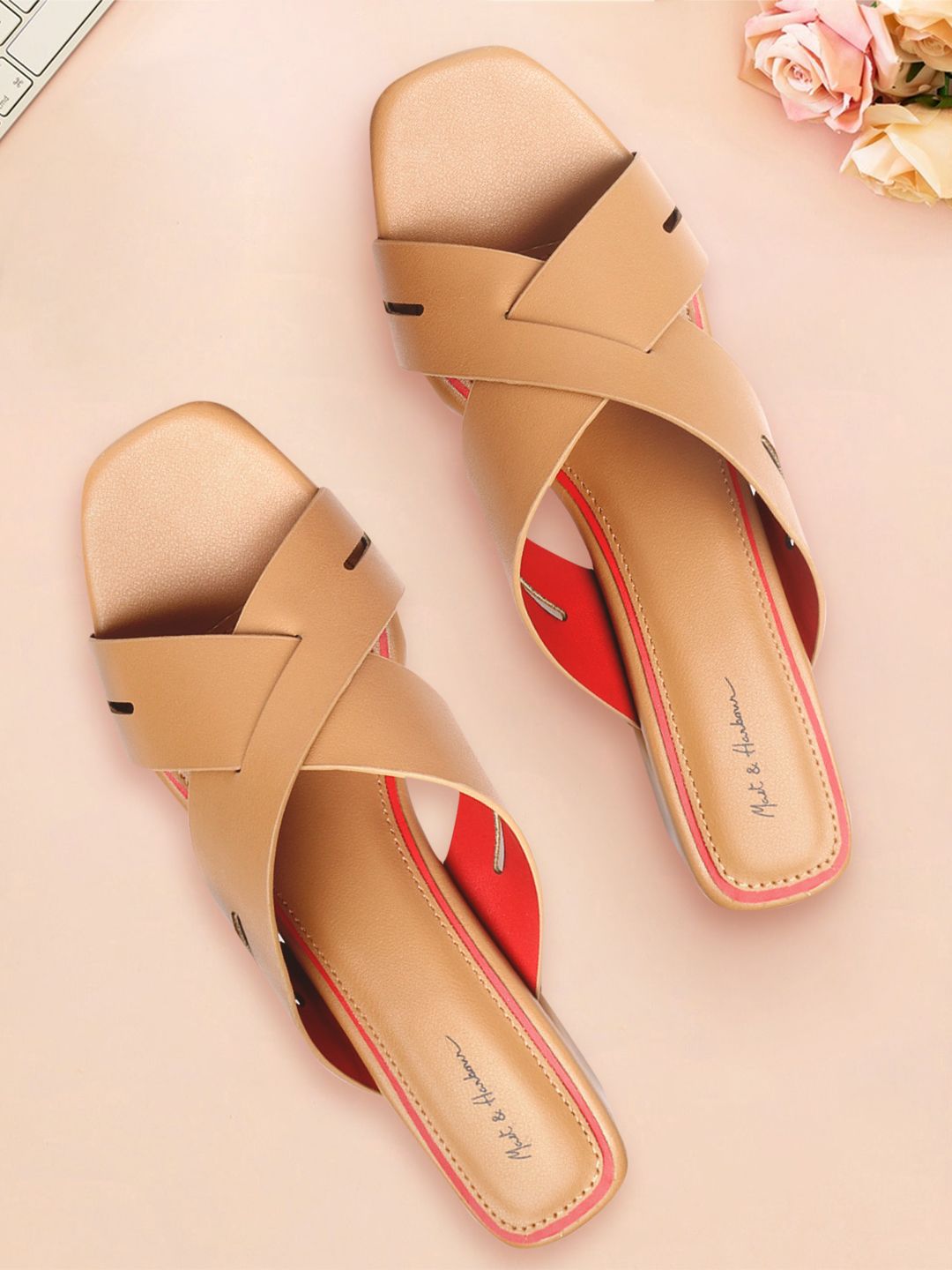 Mast & Harbour Women Beige Solid Criss-Cross Detail Block Heels Price in India