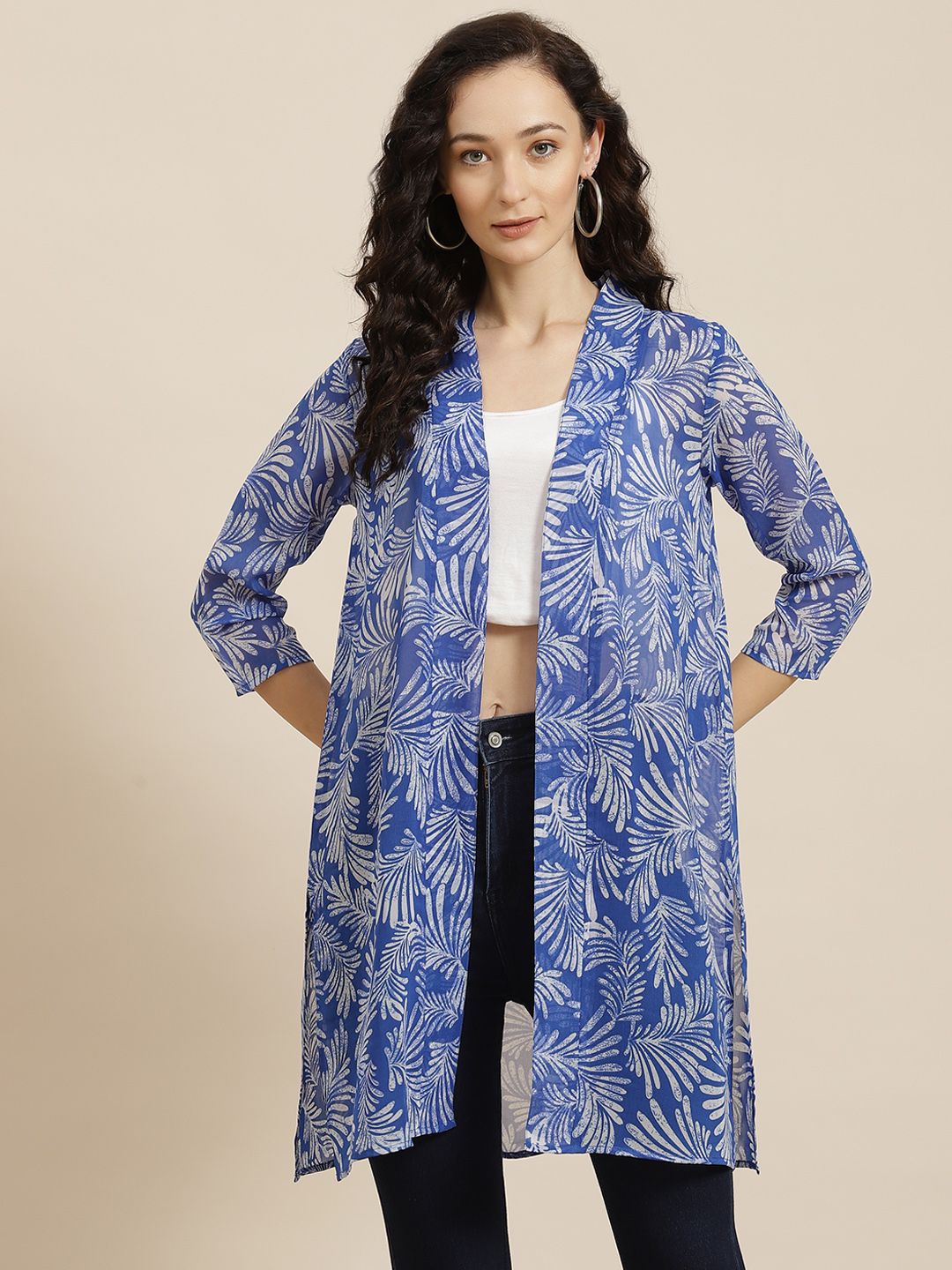 Qurvii Women Blue Printed Longline Tropical Shrug Price in India