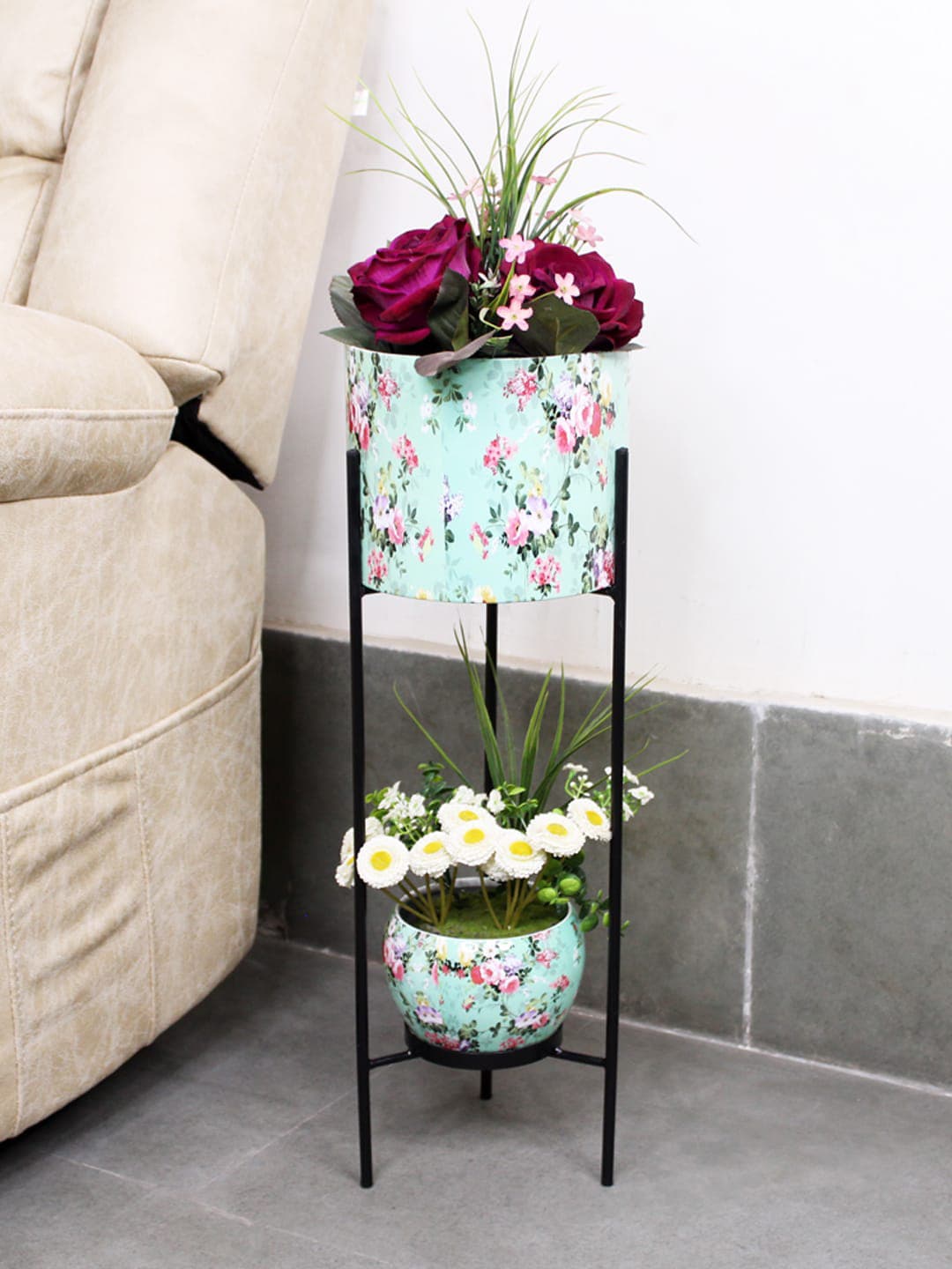 Wonderland Turquoise Blue & Pink Floral Printed 2-Tier Planter With Stand Price in India