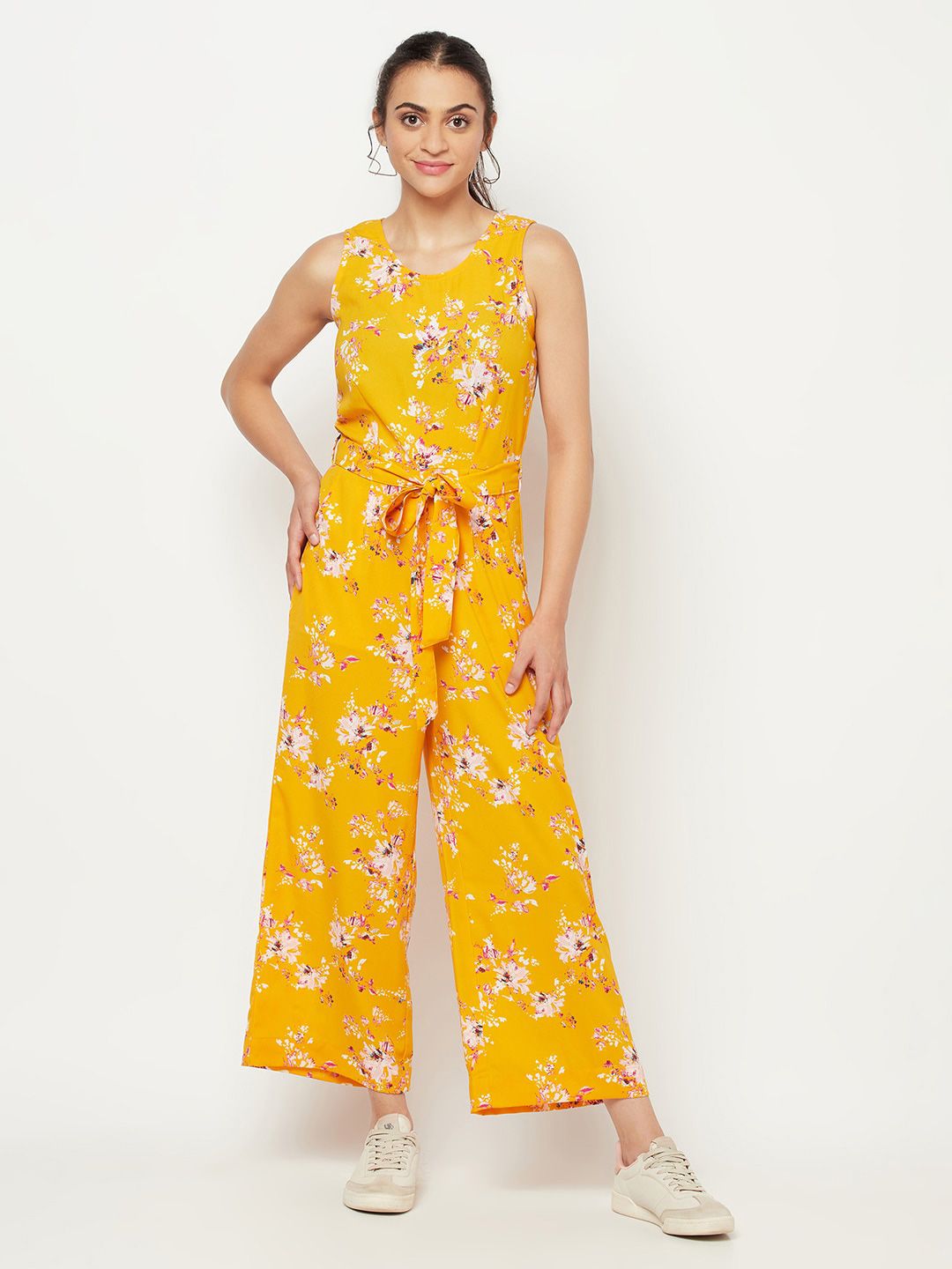SQew Yellow & White Printed Basic Jumpsuit Price in India