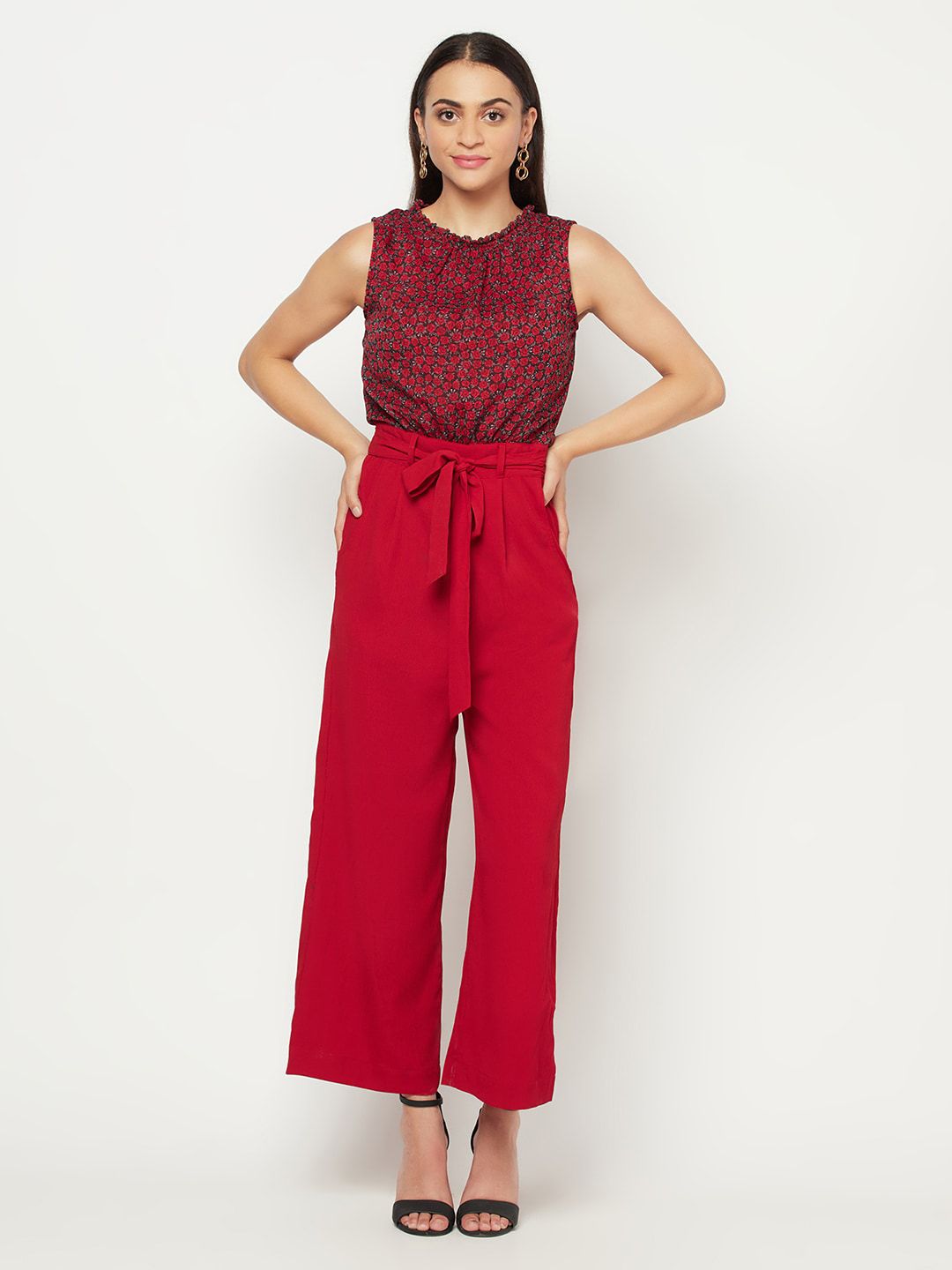 SQew Maroon & Red Printed Basic Jumpsuit Price in India