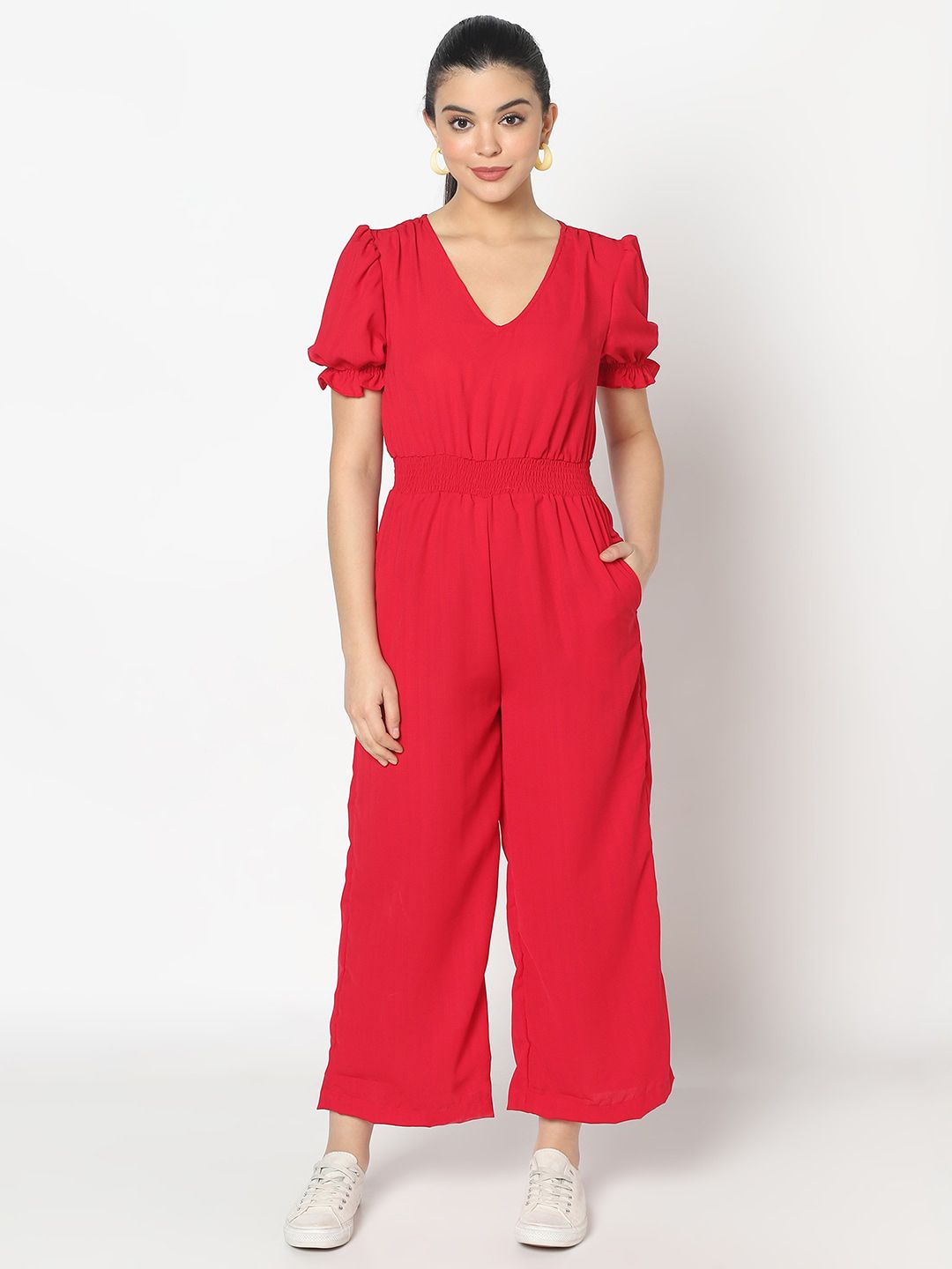 SQew Women Red Solid V-Neck Basic Jumpsuit Price in India