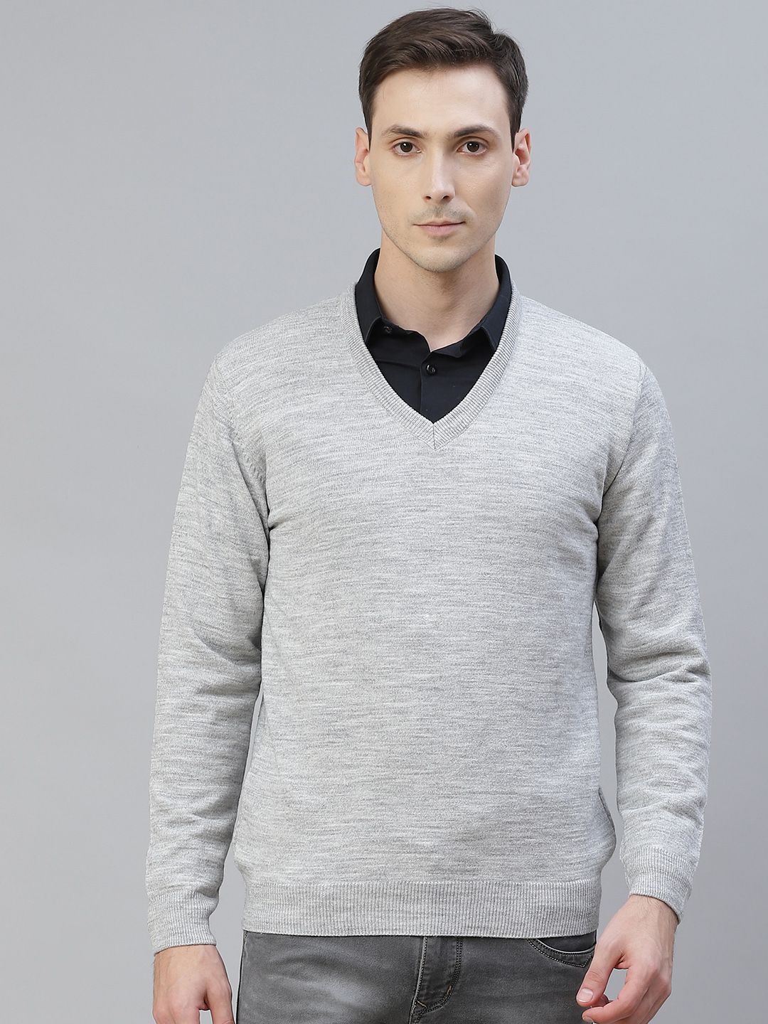 Pierre Carlo Men Grey Melange Solid Pullover