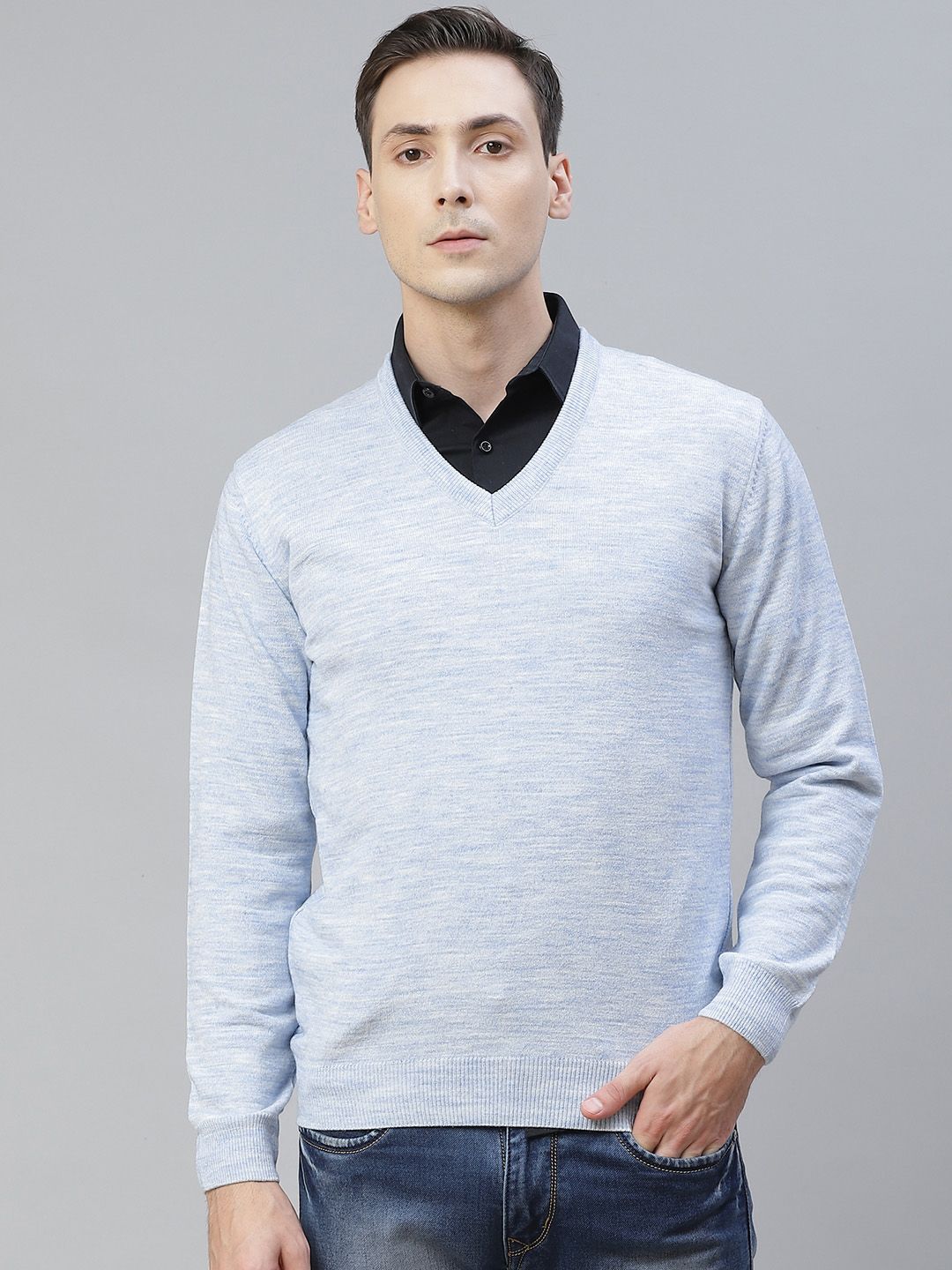 Pierre Carlo Men Blue Melange Effect Pullover