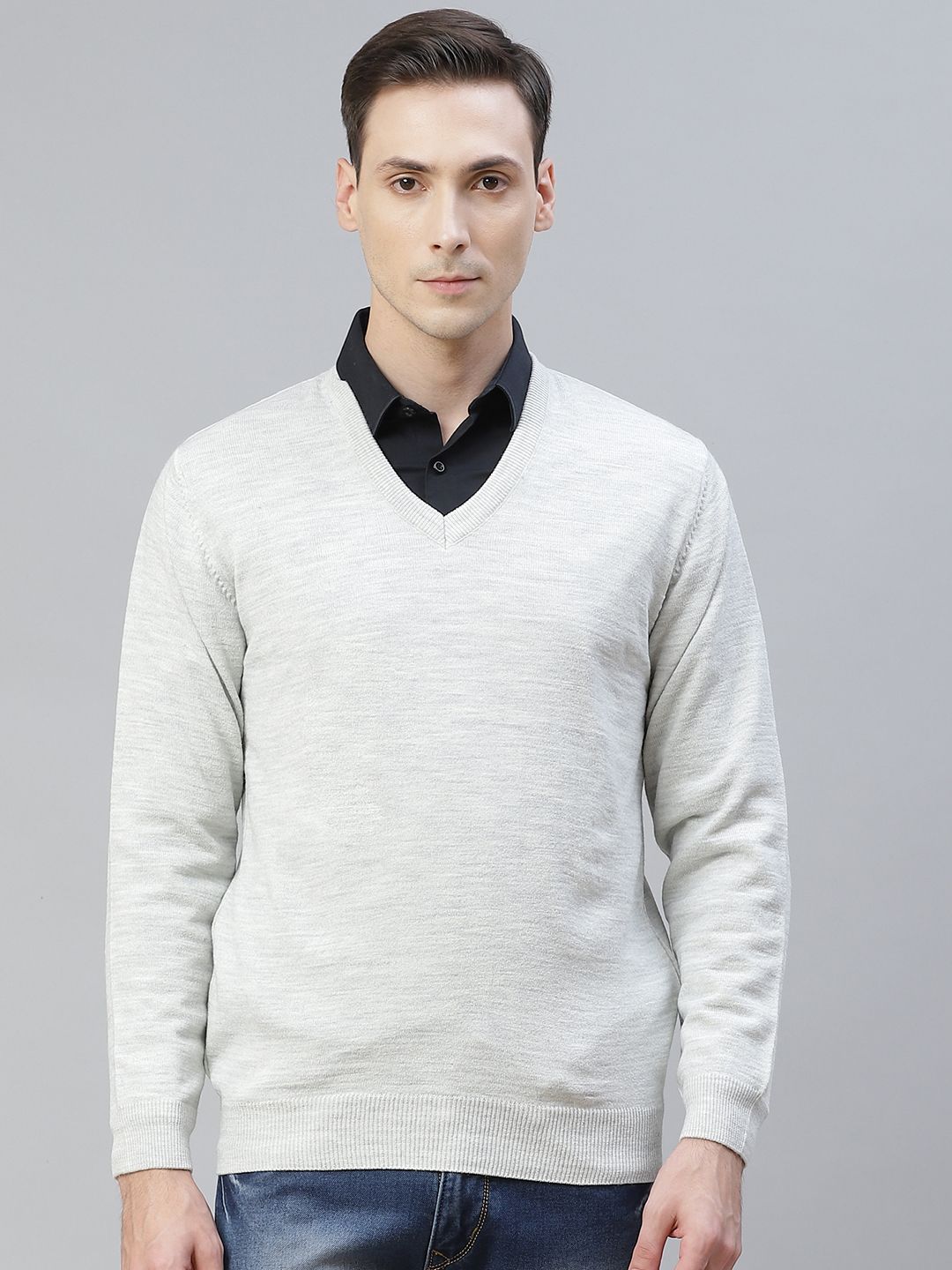 Pierre Carlo Men White Melange Effect V-Neck Pullover