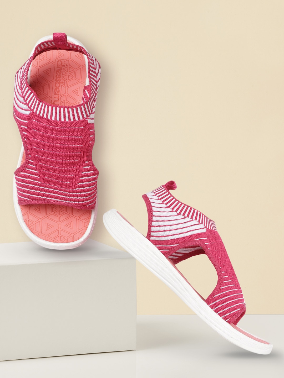 DressBerry Women Pink & White Striped Self-Design Sports Sandals Price in India