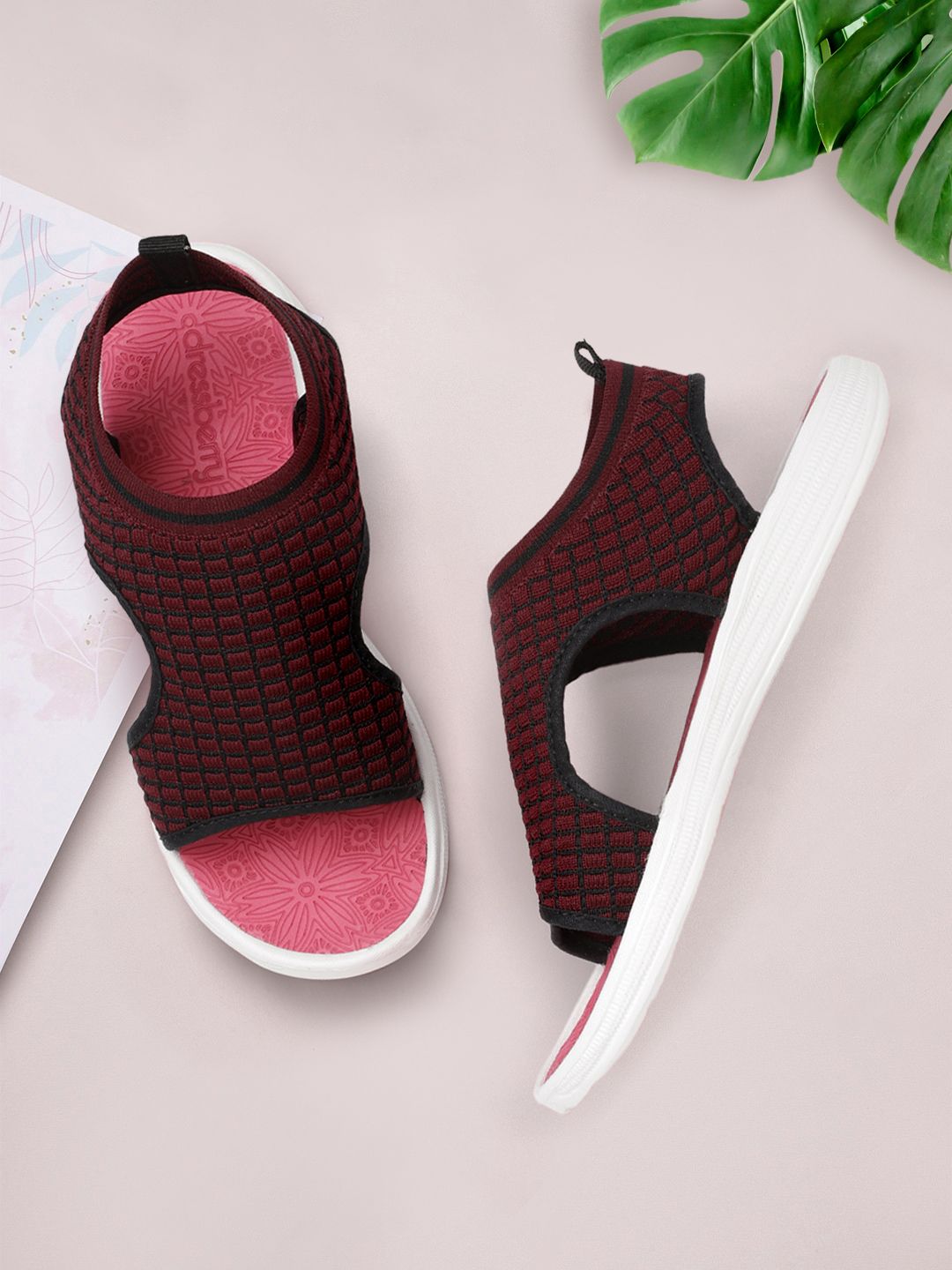 DressBerry Women Maroon & Black Self-Checked Sports Sandals Price in India