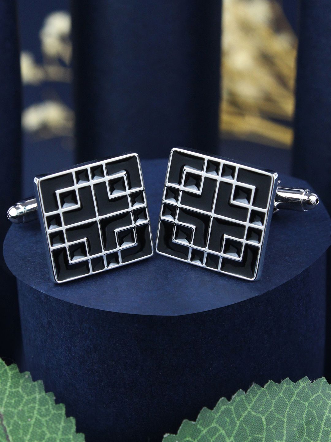 PELUCHE Men Black & Silver-Toned Geometric Cufflink
