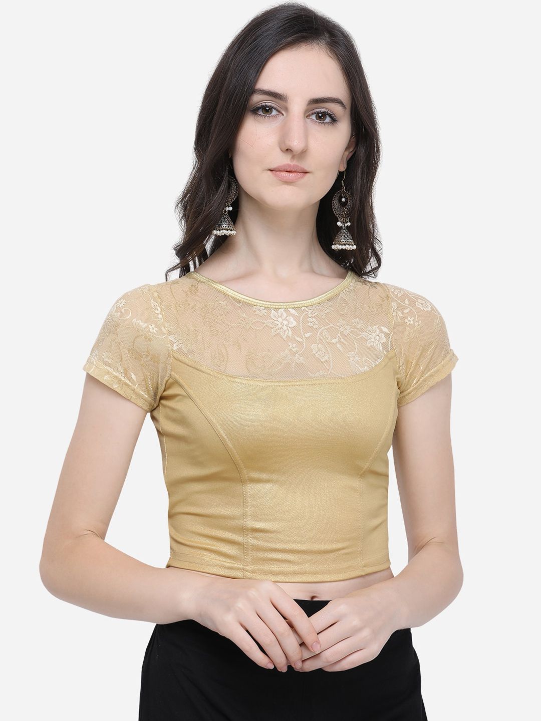 Janasya Gold-Coloured Solid Lace Saree Blouse Price in India