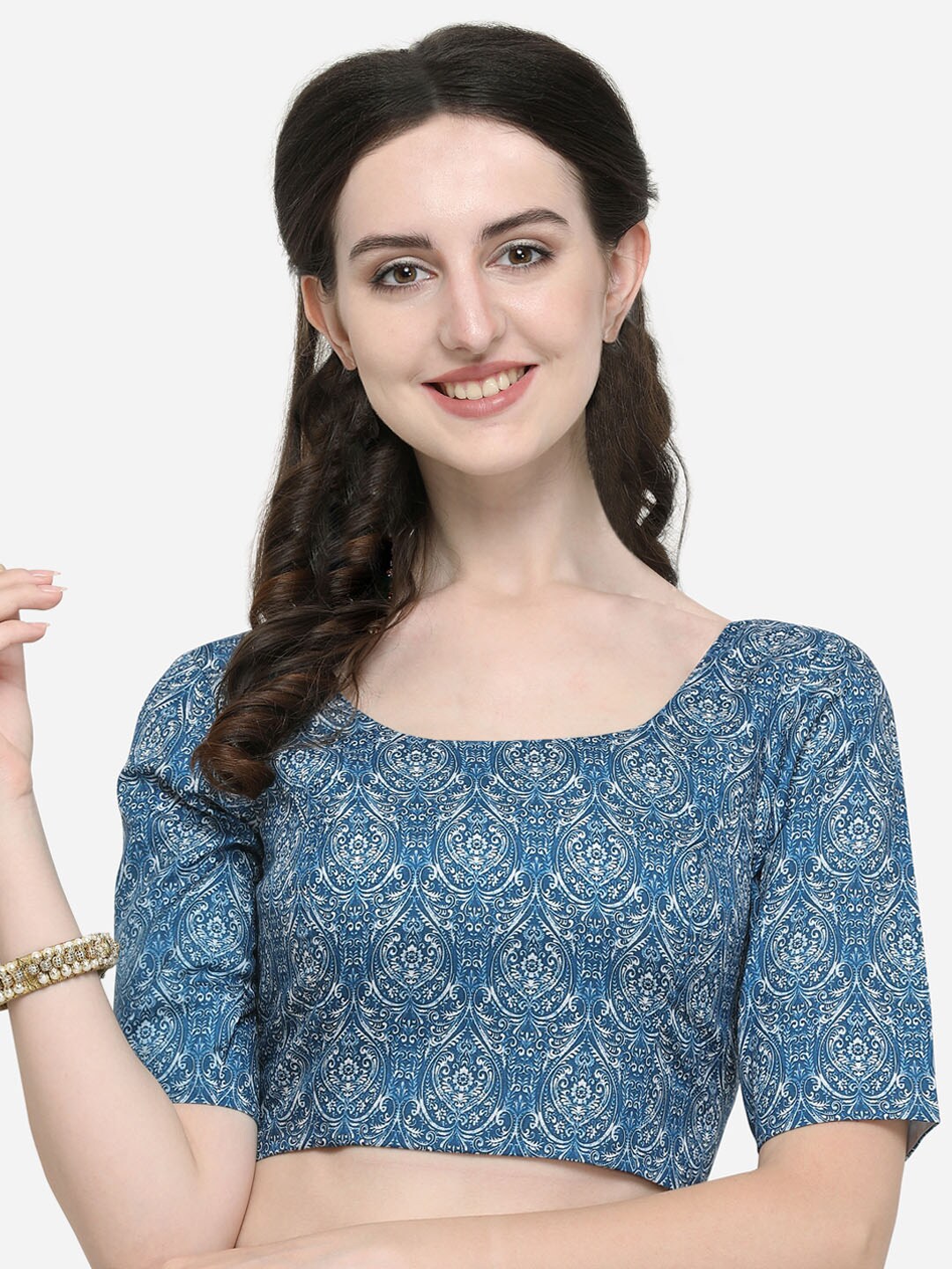 Janasya Blue & White Printed Stitched Saree Blouse Price in India