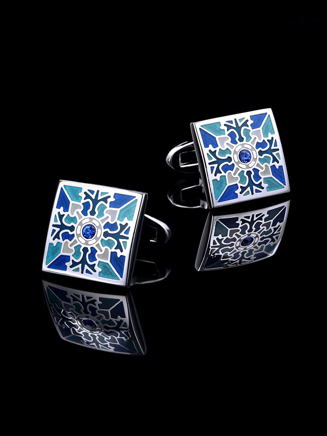 Yellow Chimes Blue & Teal Silver-Toned Cufflink