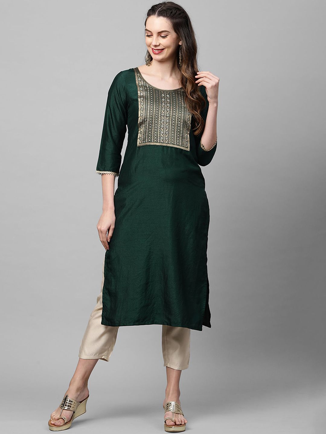 Indo Era Women Green Yoke Design Kurta Price in India