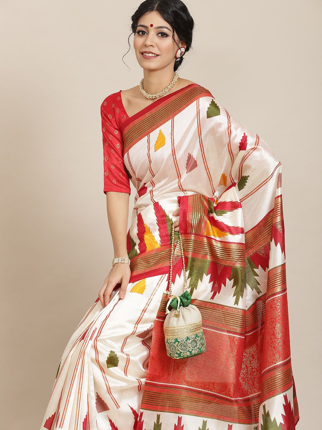 Saree mall Off White & Red Silk Blend Sarees