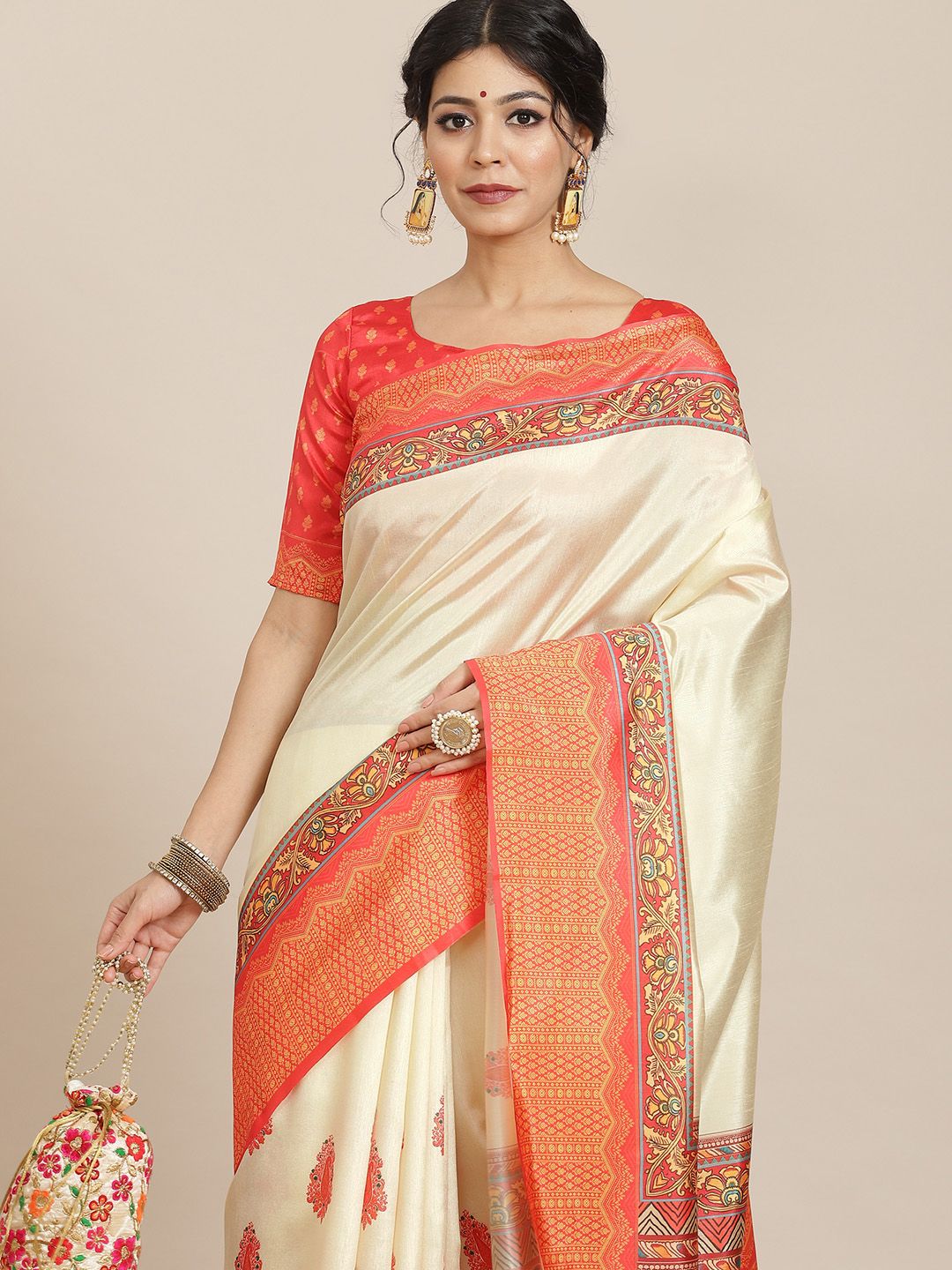 Saree mall Off White & Red Ethnic Motifs Silk Blend Sarees