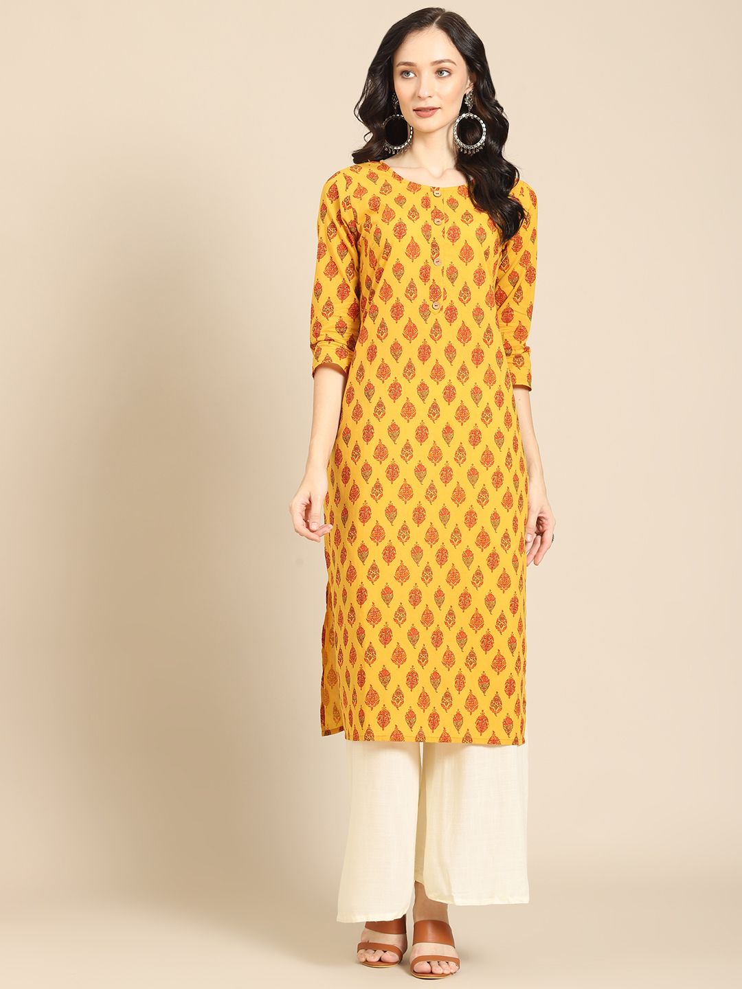 Prakrti Women Mustard Yellow & Red Ethnic Motifs Printed Kurta Price in India