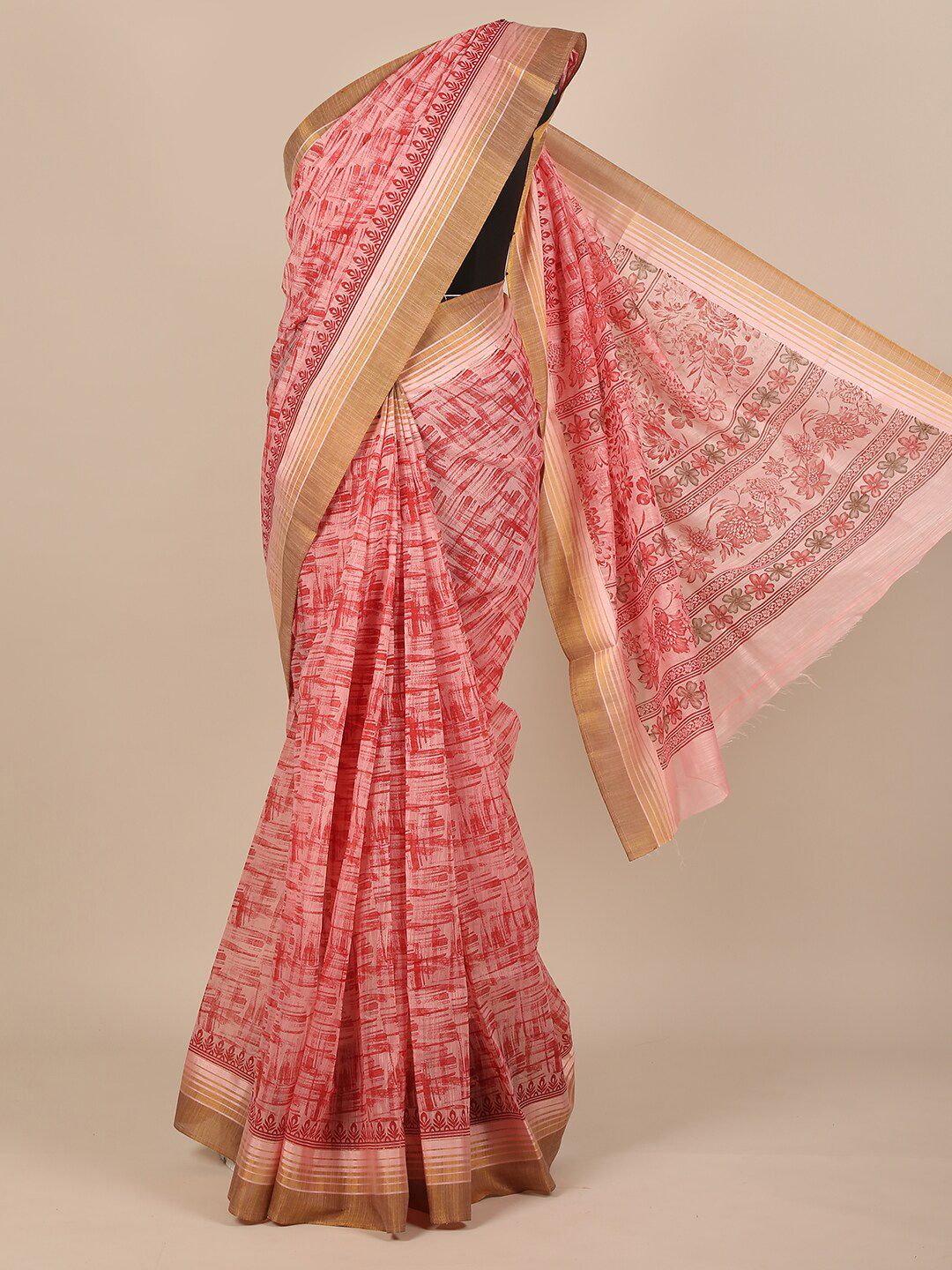 Pothys Pink & Tan Printed Cotton Blend Zari Saree